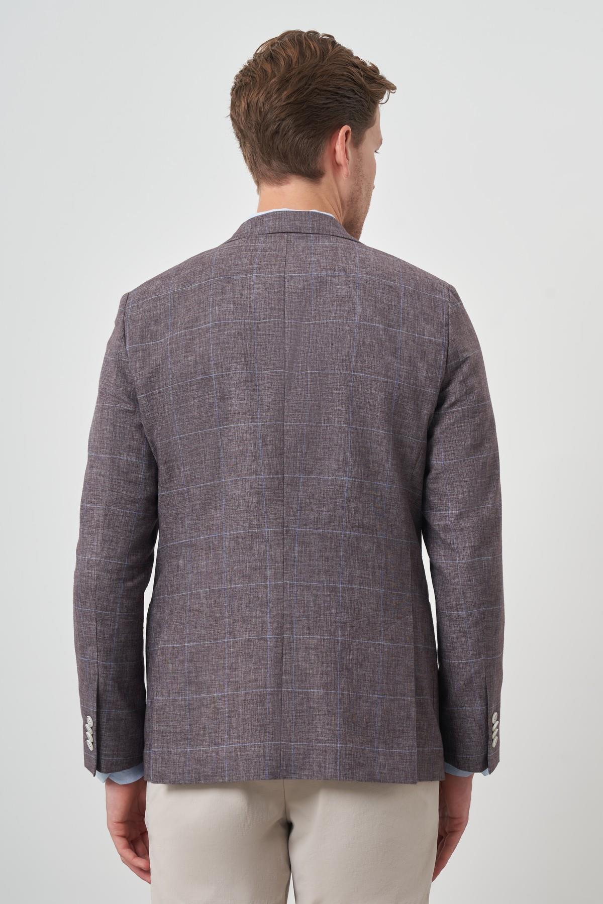 Morven Erkek KAHVE Keten Ekoseli Slim Fit Mono Yaka Ceket