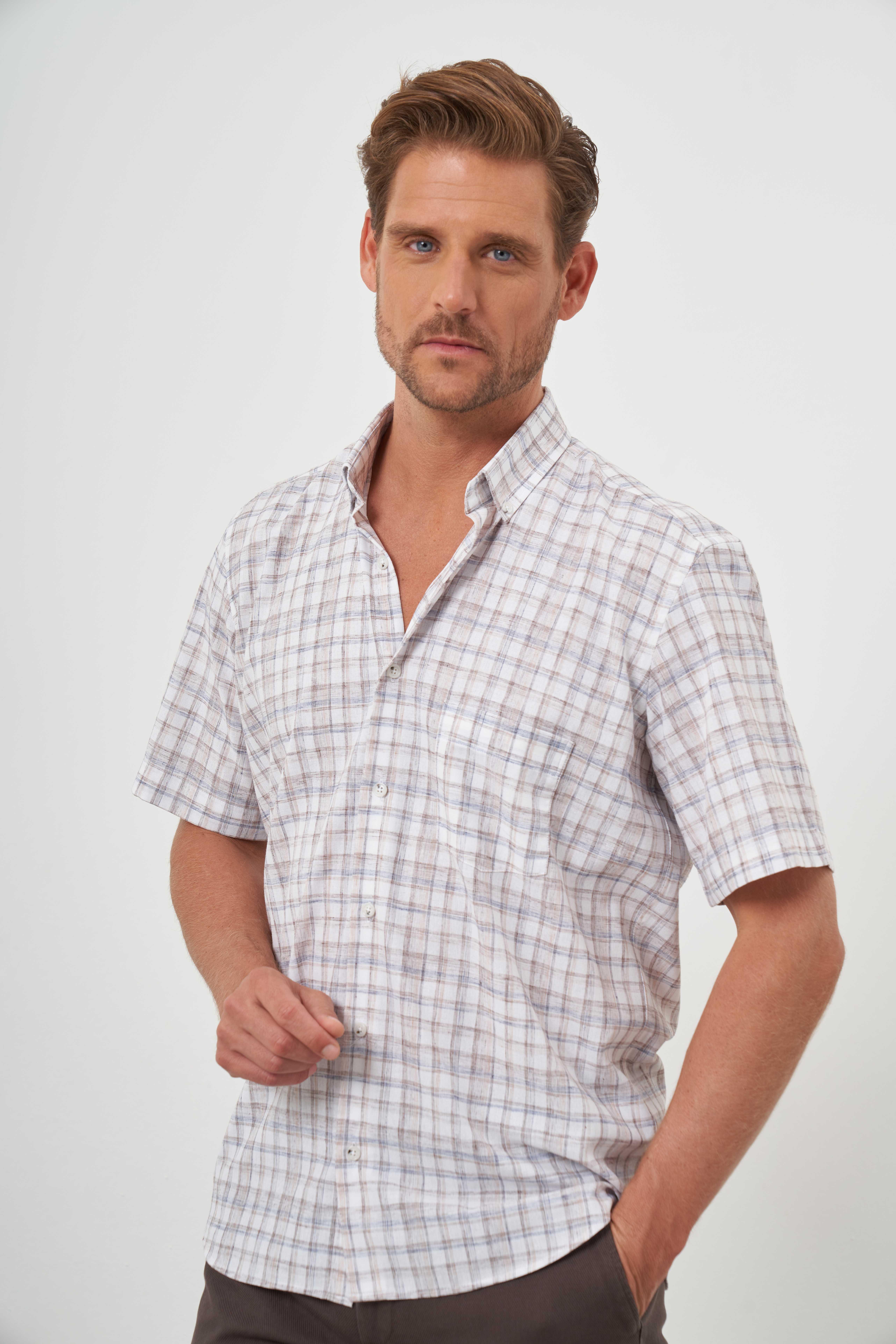 Morven Erkek KAHVE Keten Kısa Kollu Gömlek