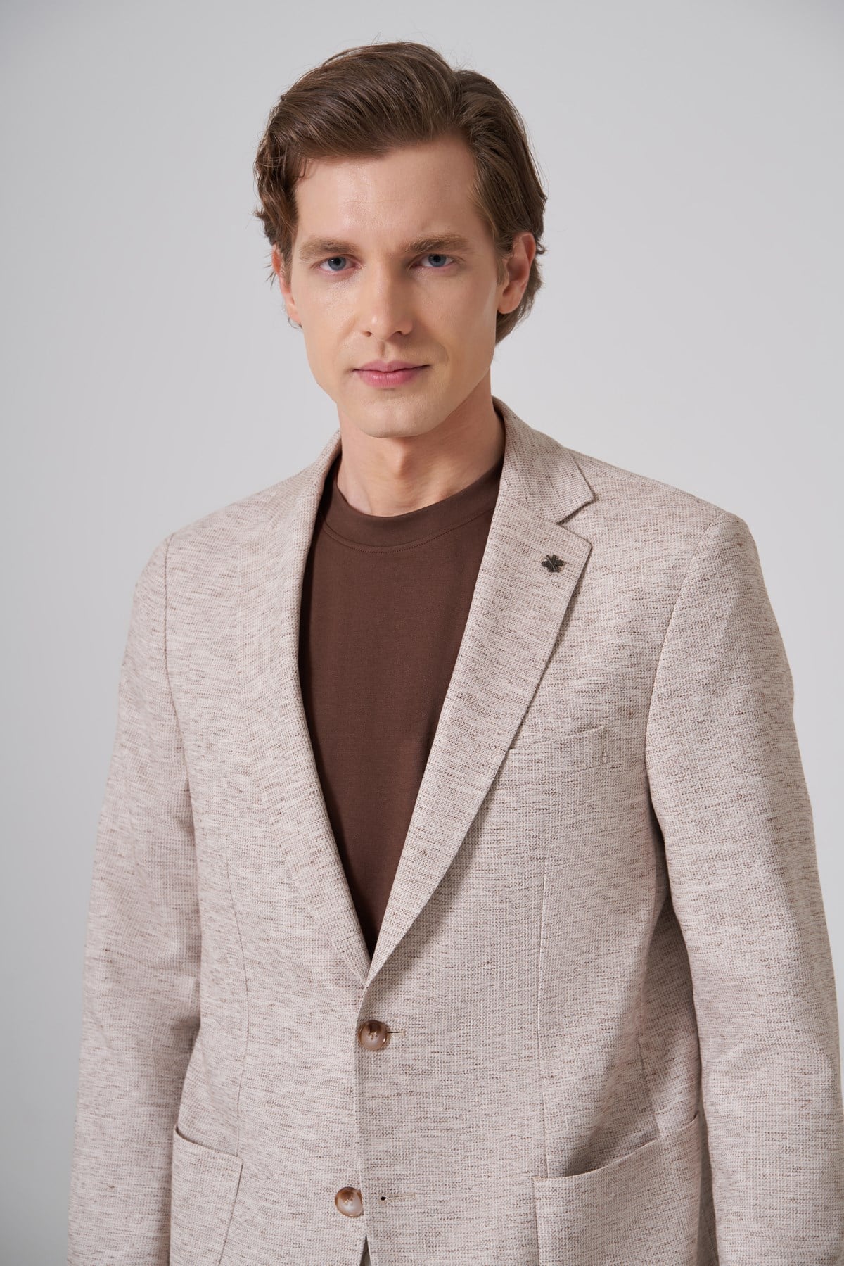 Morven Erkek KAHVE Keten Trend Desenli Slim Fit Mono Yaka Ceket
