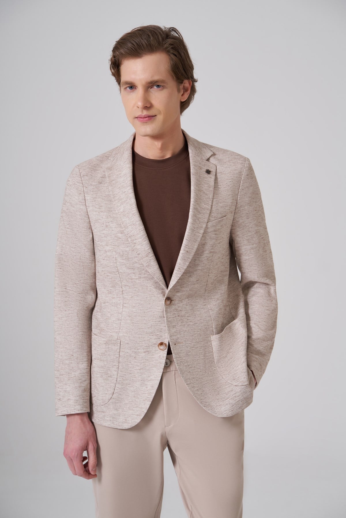 Morven Erkek KAHVE Keten Trend Desenli Slim Fit Mono Yaka Ceket