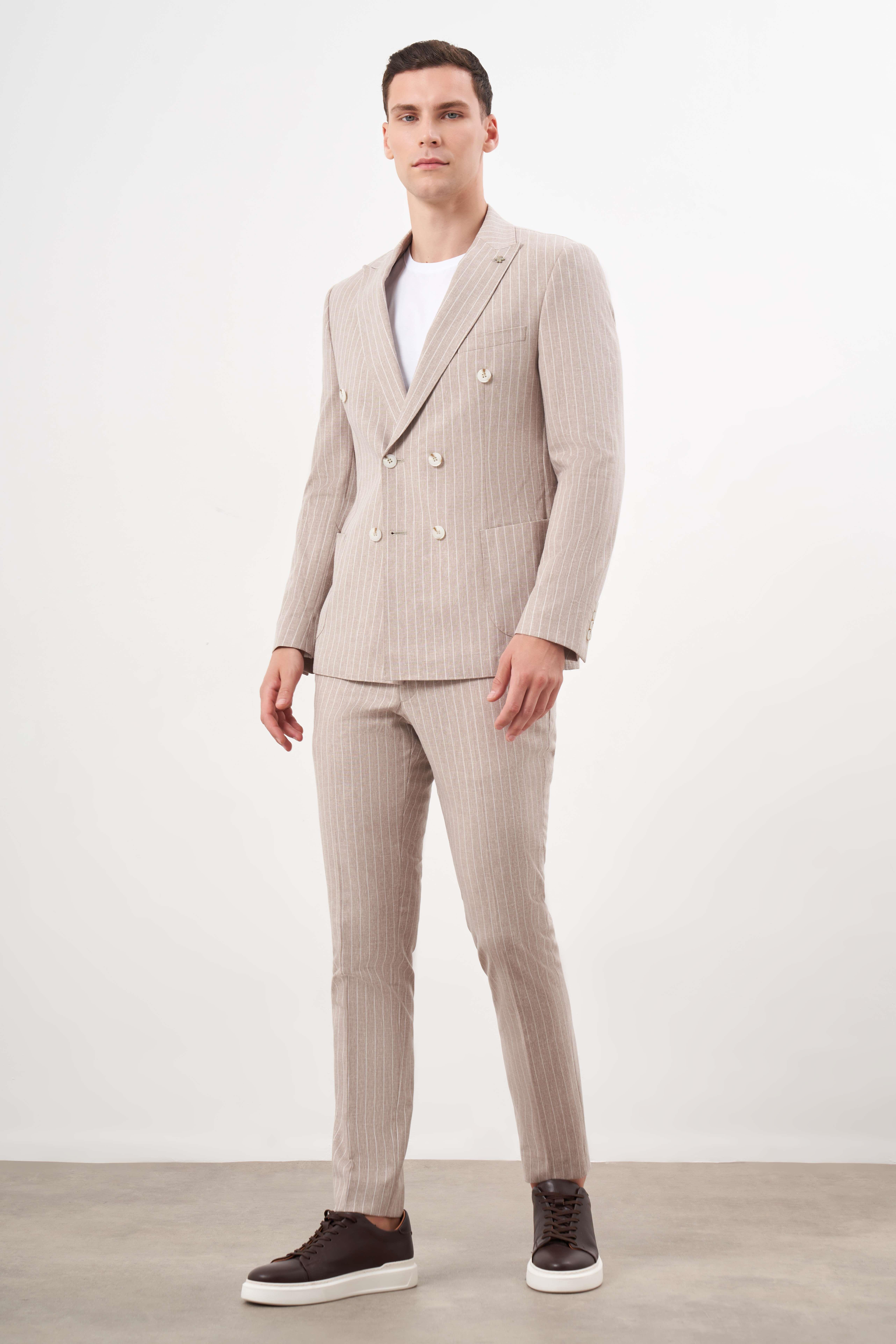 Morven Erkek KAHVE Keten Trend Kruvaze Slim Fit Sivri Yaka Takım Elbise