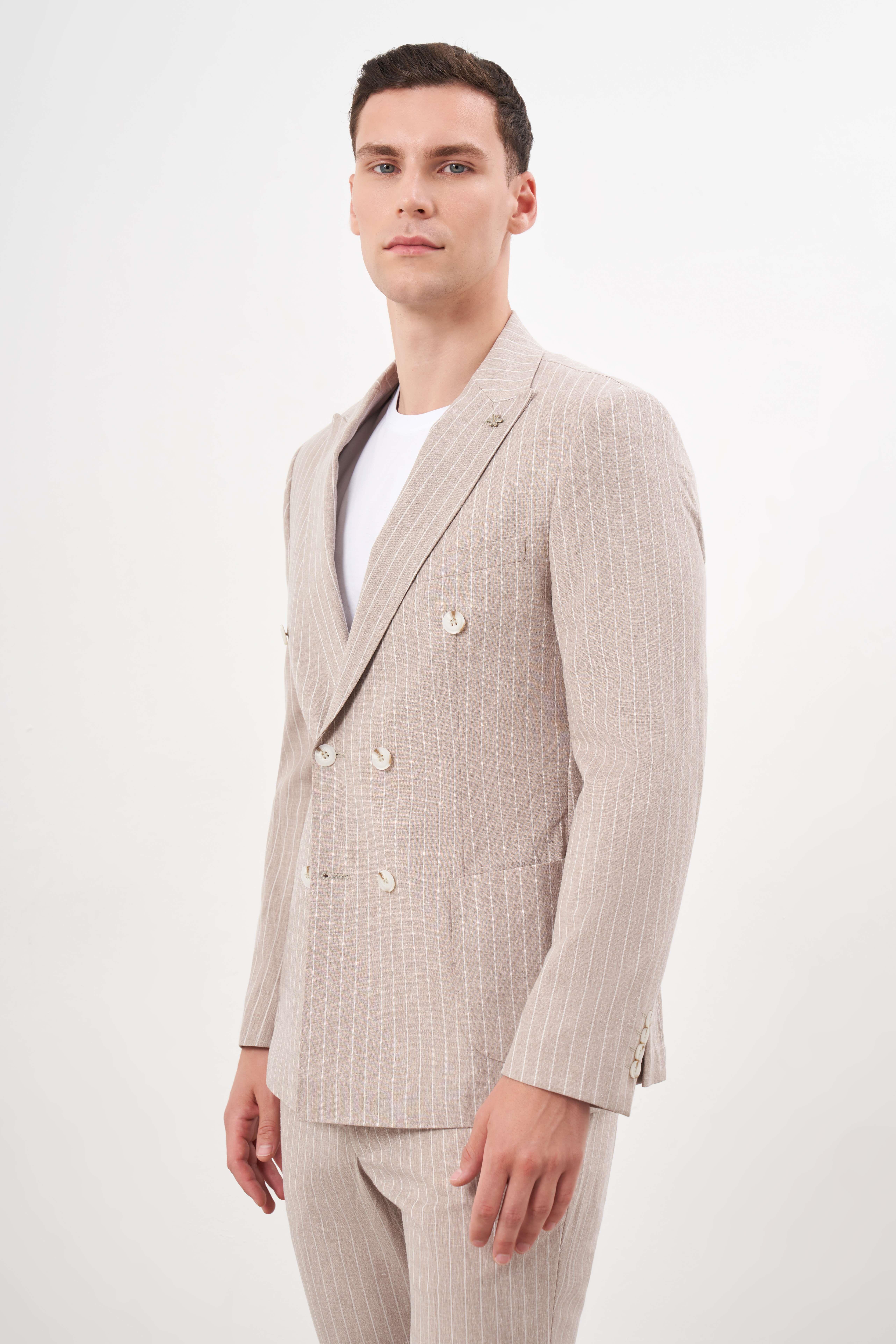 Morven Erkek KAHVE Keten Trend Kruvaze Slim Fit Sivri Yaka Takım Elbise