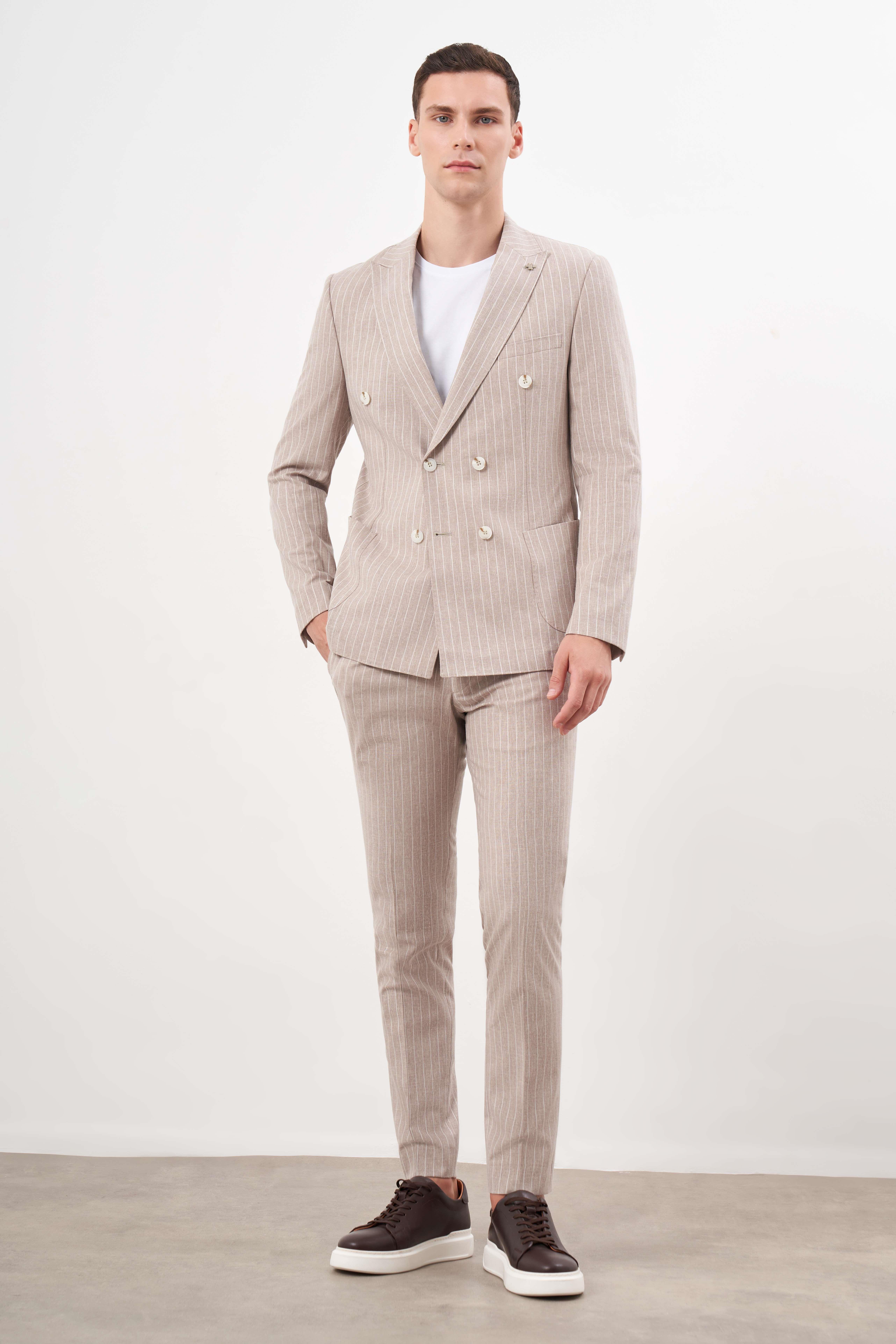 Morven Erkek KAHVE Keten Trend Kruvaze Slim Fit Sivri Yaka Takım Elbise