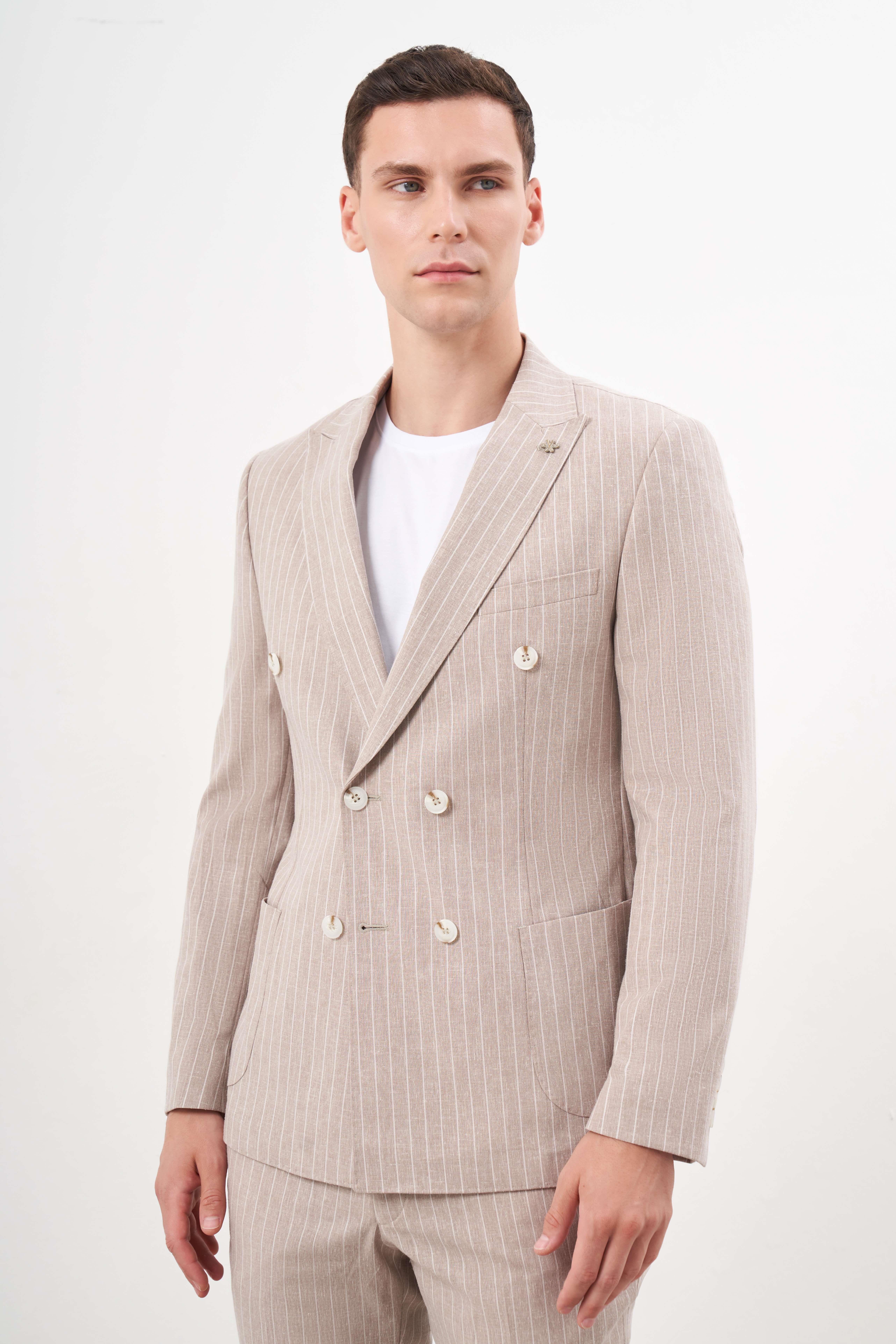 Morven Erkek KAHVE Keten Trend Kruvaze Slim Fit Sivri Yaka Takım Elbise