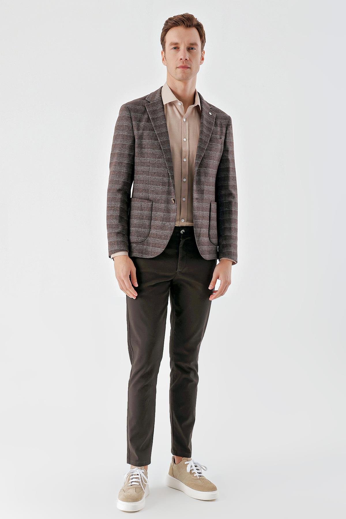 Morven Erkek KAHVE Örme Slim Fit Torba Cep Mono Yaka Spor Ceket