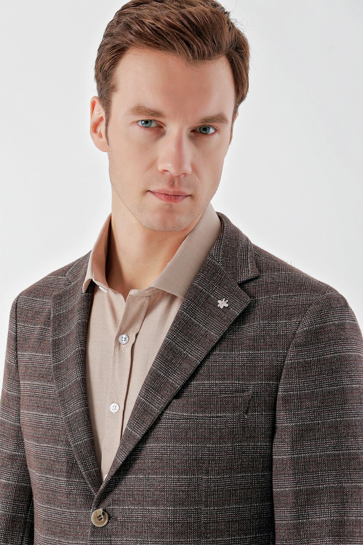 Morven Erkek KAHVE Örme Slim Fit Torba Cep Mono Yaka Spor Ceket