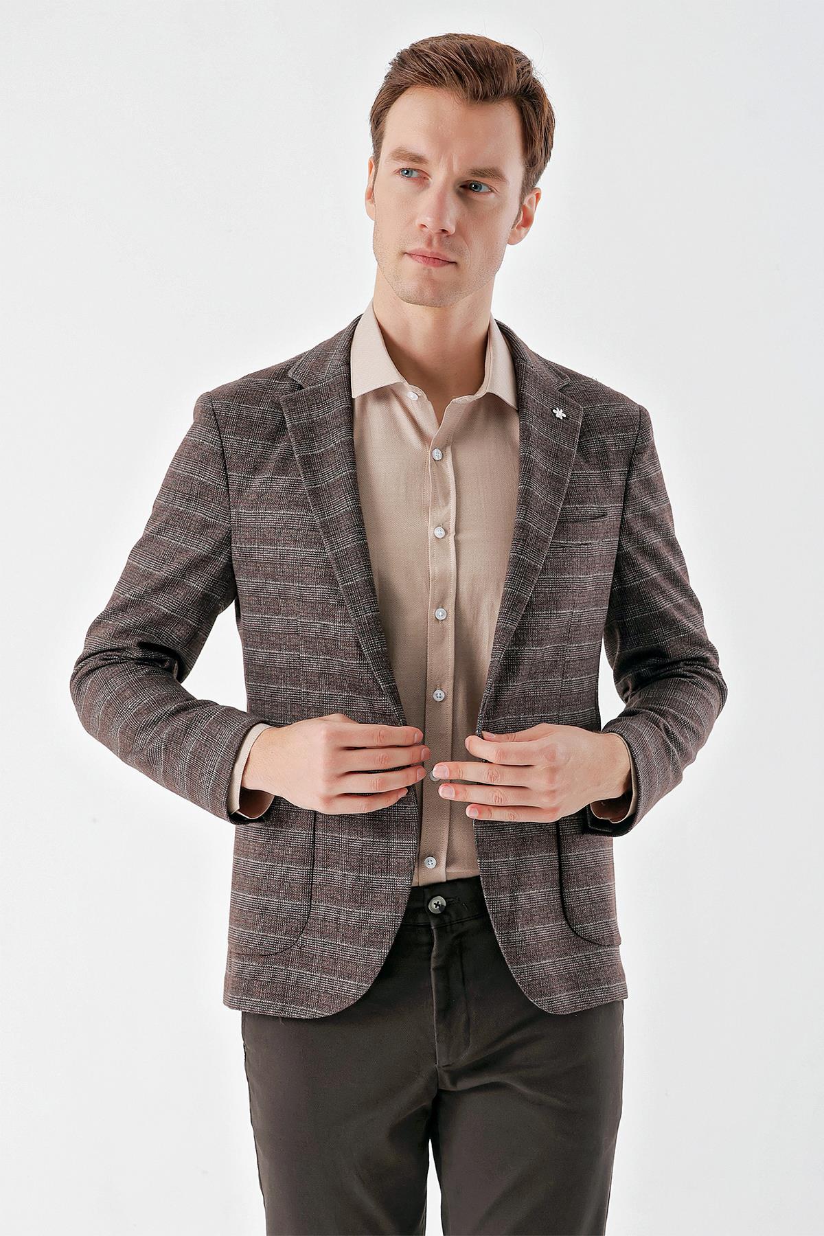 Morven Erkek KAHVE Örme Slim Fit Torba Cep Mono Yaka Spor Ceket