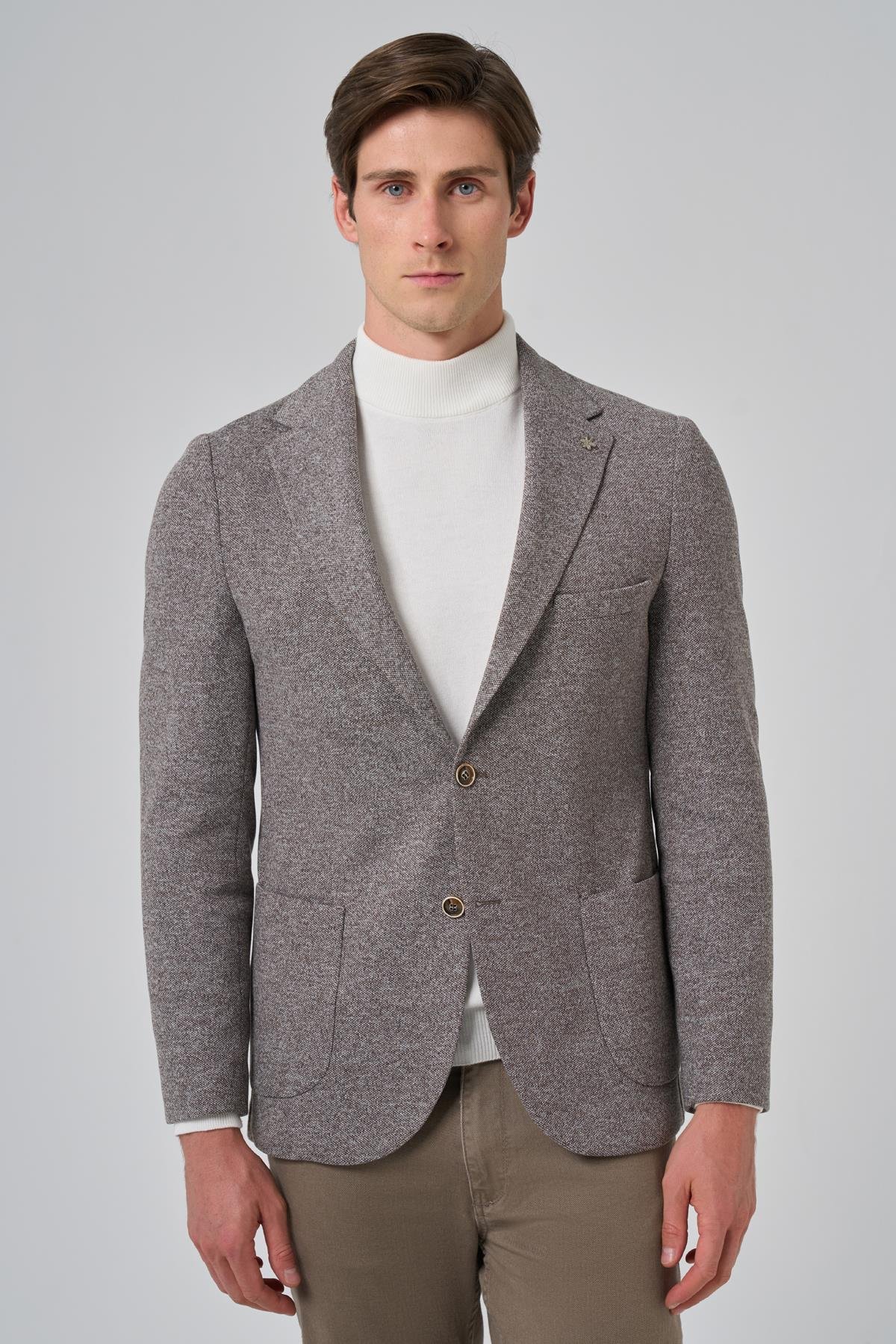 Morven Erkek KAHVE Örme Trend Desenli Slim Fit Mono Yaka Ceket