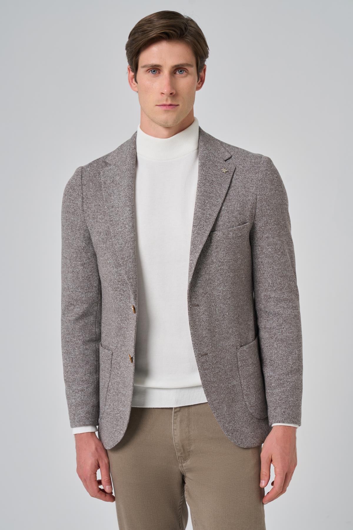 Morven Erkek KAHVE Örme Trend Desenli Slim Fit Mono Yaka Ceket