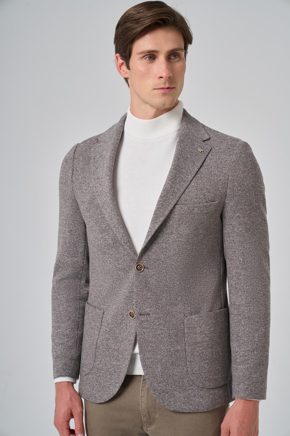 Morven Erkek KAHVE Örme Trend Desenli Slim Fit Mono Yaka Ceket