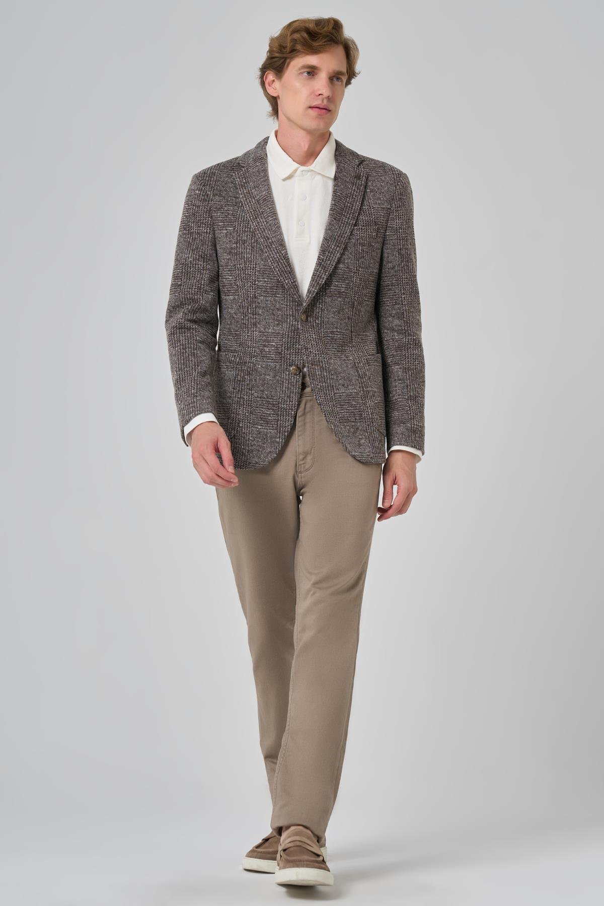 Morven Erkek KAHVE Örme Trend Ekoseli Slim Fit Mono Yaka Ceket