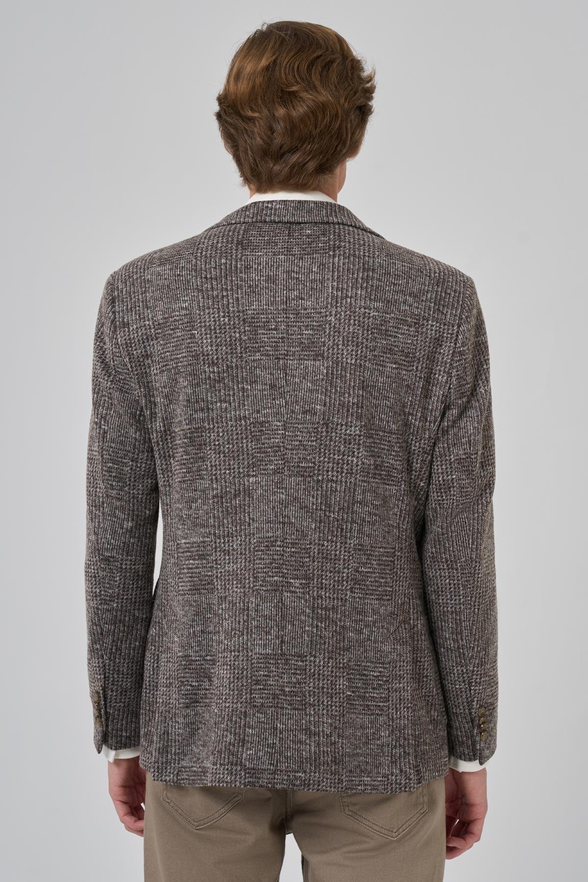 Morven Erkek KAHVE Örme Trend Ekoseli Slim Fit Mono Yaka Ceket