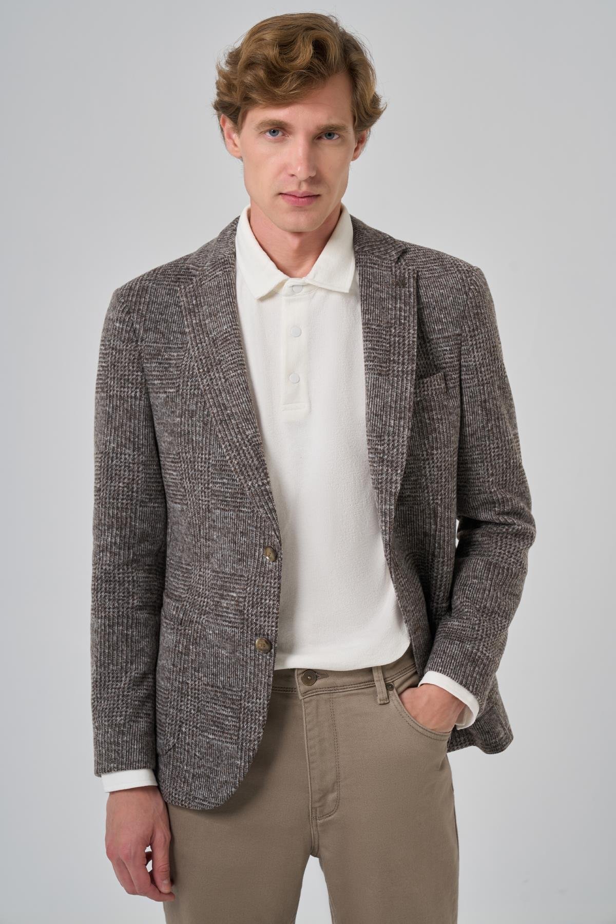 Morven Erkek KAHVE Örme Trend Ekoseli Slim Fit Mono Yaka Ceket