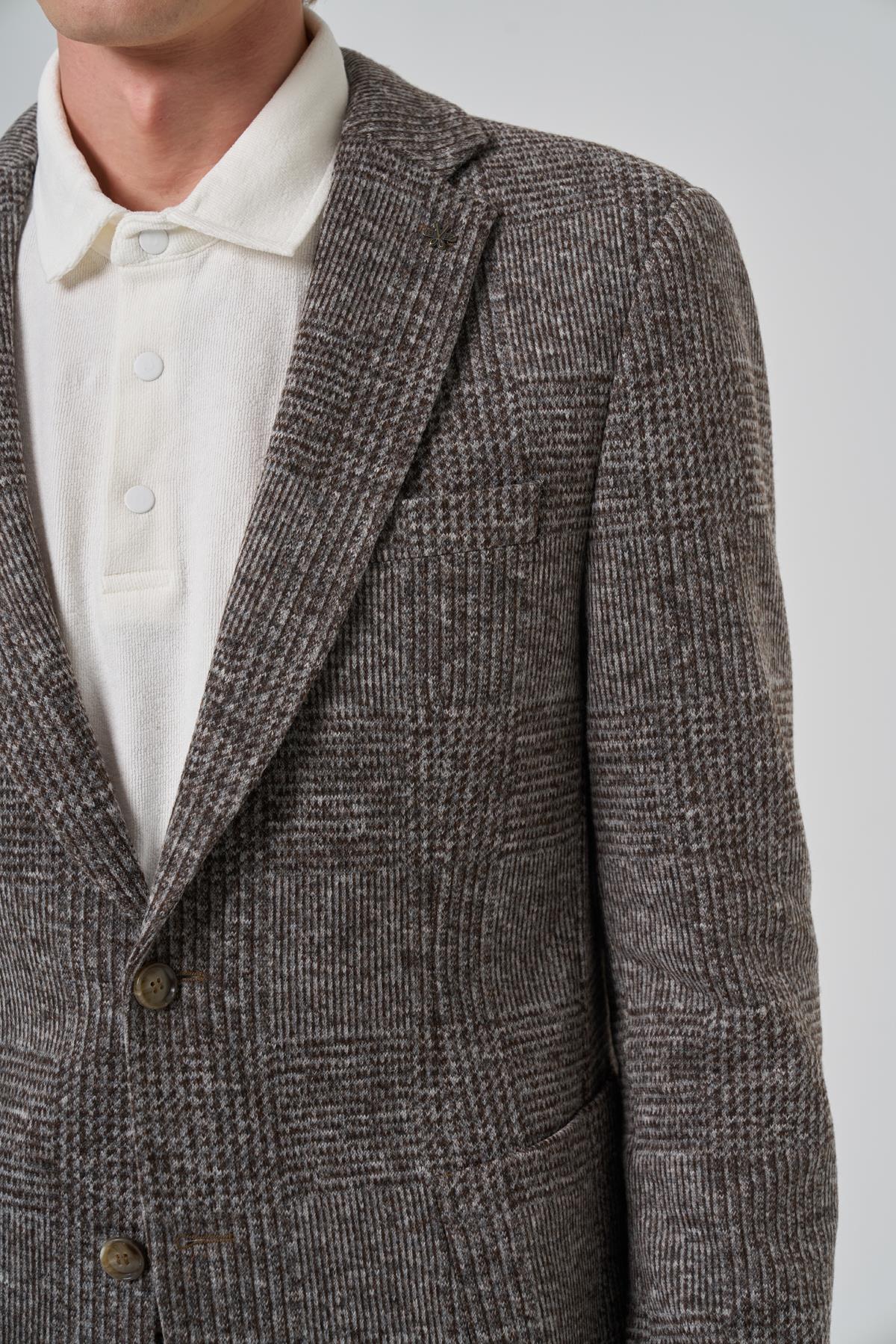 Morven Erkek KAHVE Örme Trend Ekoseli Slim Fit Mono Yaka Ceket