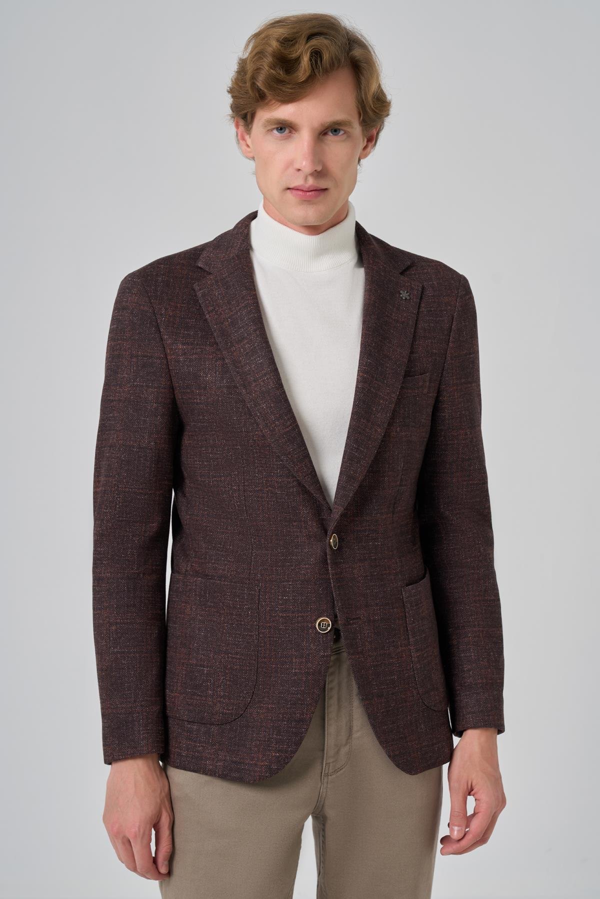 Morven Erkek KAHVE Örme Trend Kareli Slim Fit Mono Yaka Ceket