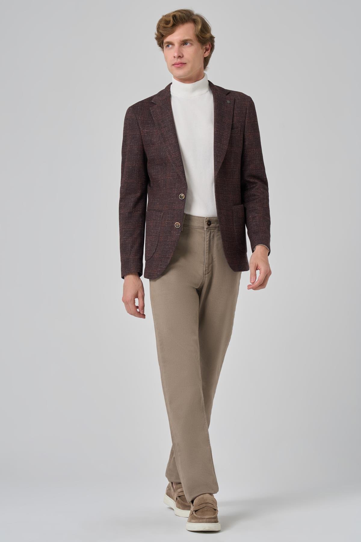 Morven Erkek KAHVE Örme Trend Kareli Slim Fit Mono Yaka Ceket