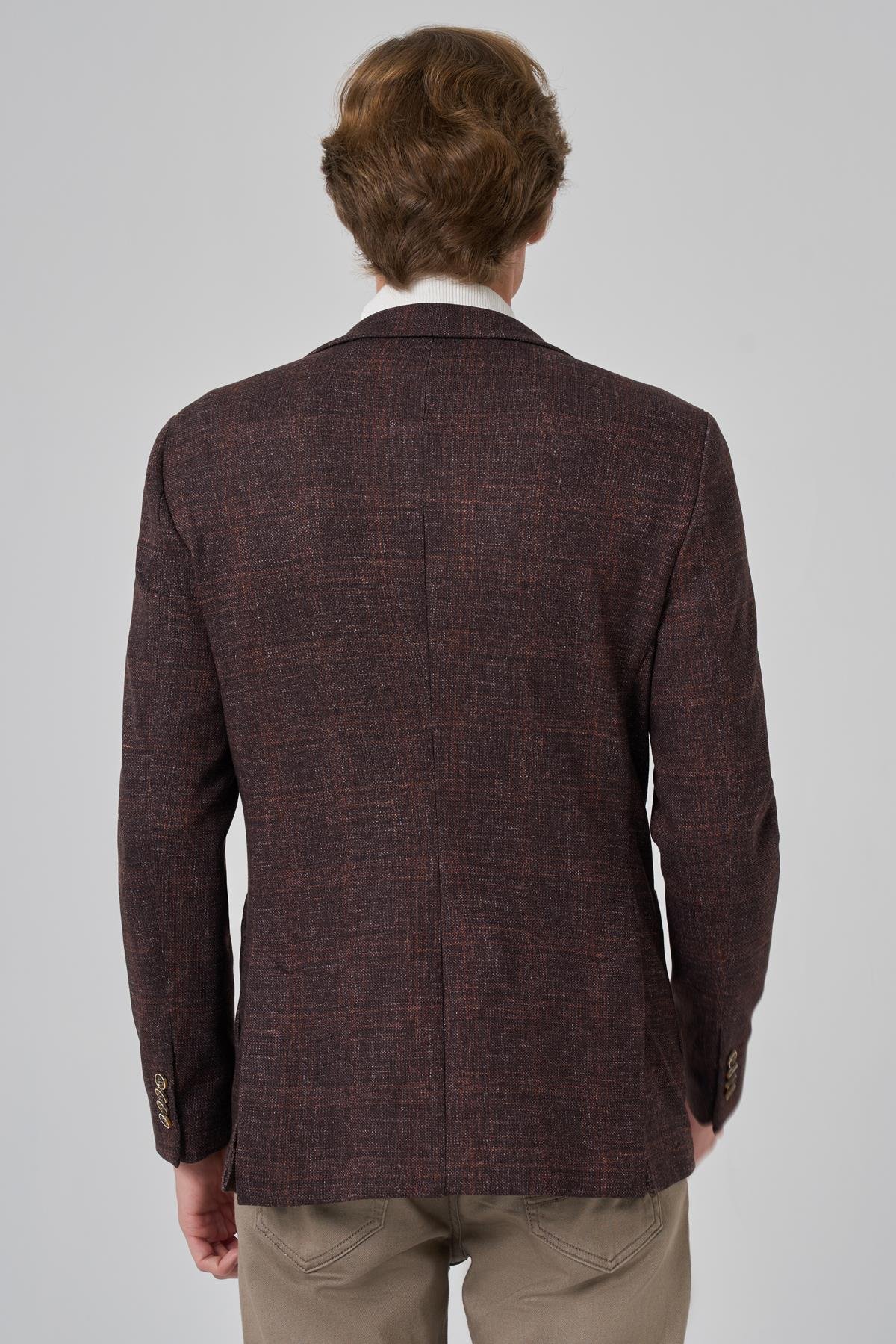 Morven Erkek KAHVE Örme Trend Kareli Slim Fit Mono Yaka Ceket