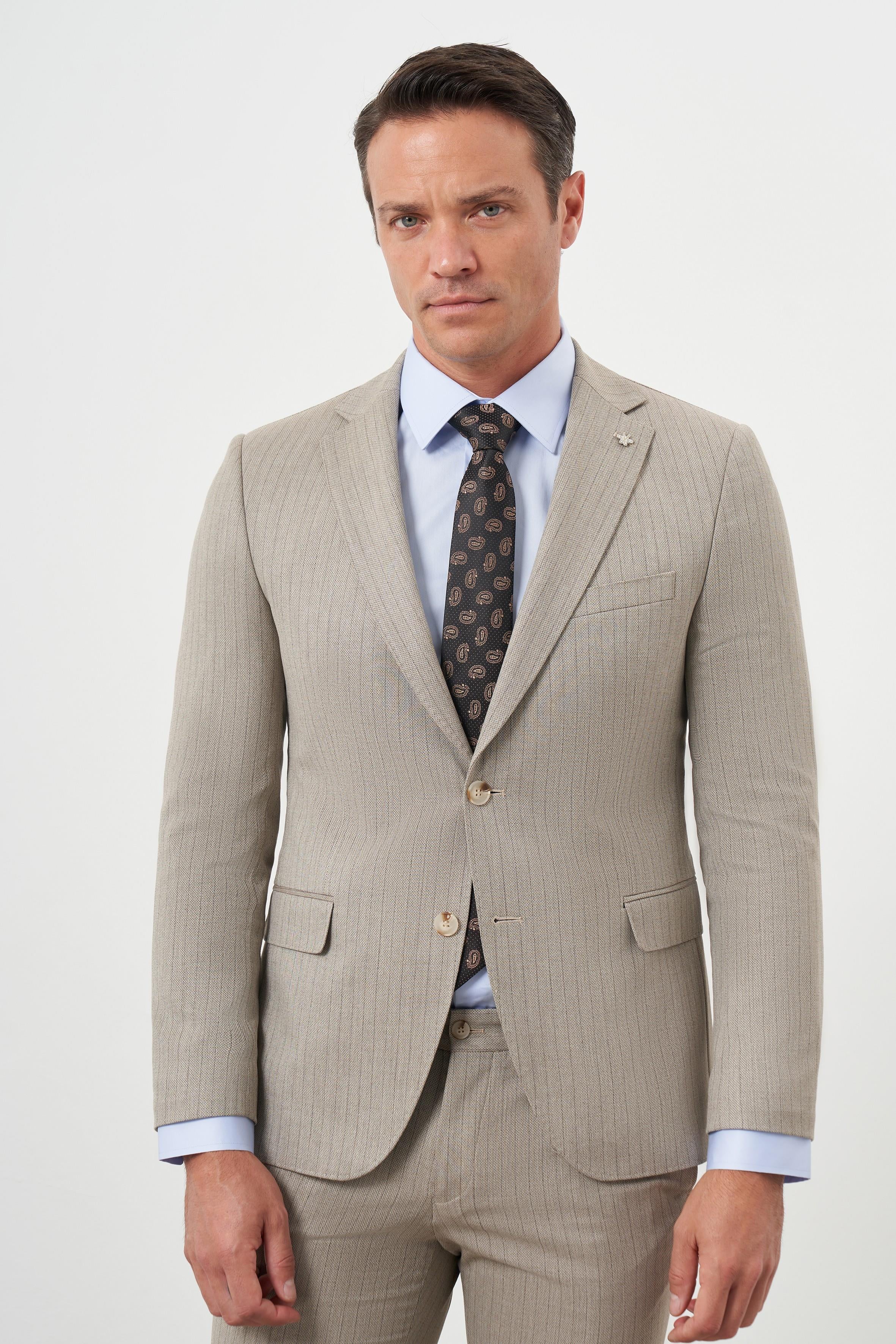 Morven Erkek KAHVE Poliviskon Trend Çizgili Desen Slim Fit Mono Yaka Takım Elbise