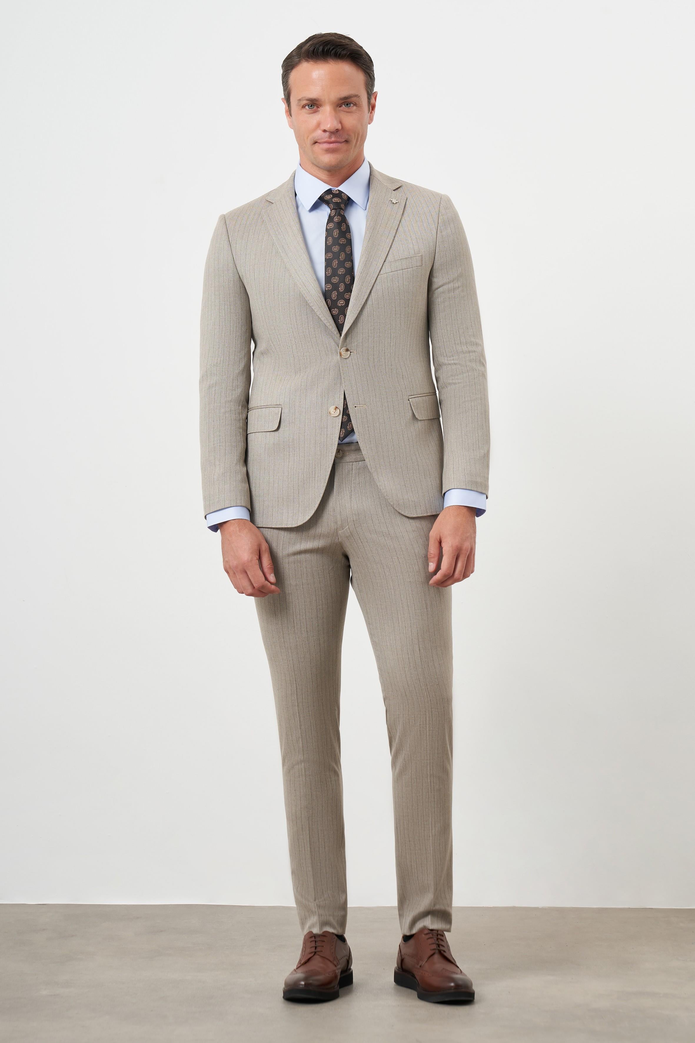 Morven Erkek KAHVE Poliviskon Trend Çizgili Desen Slim Fit Mono Yaka Takım Elbise