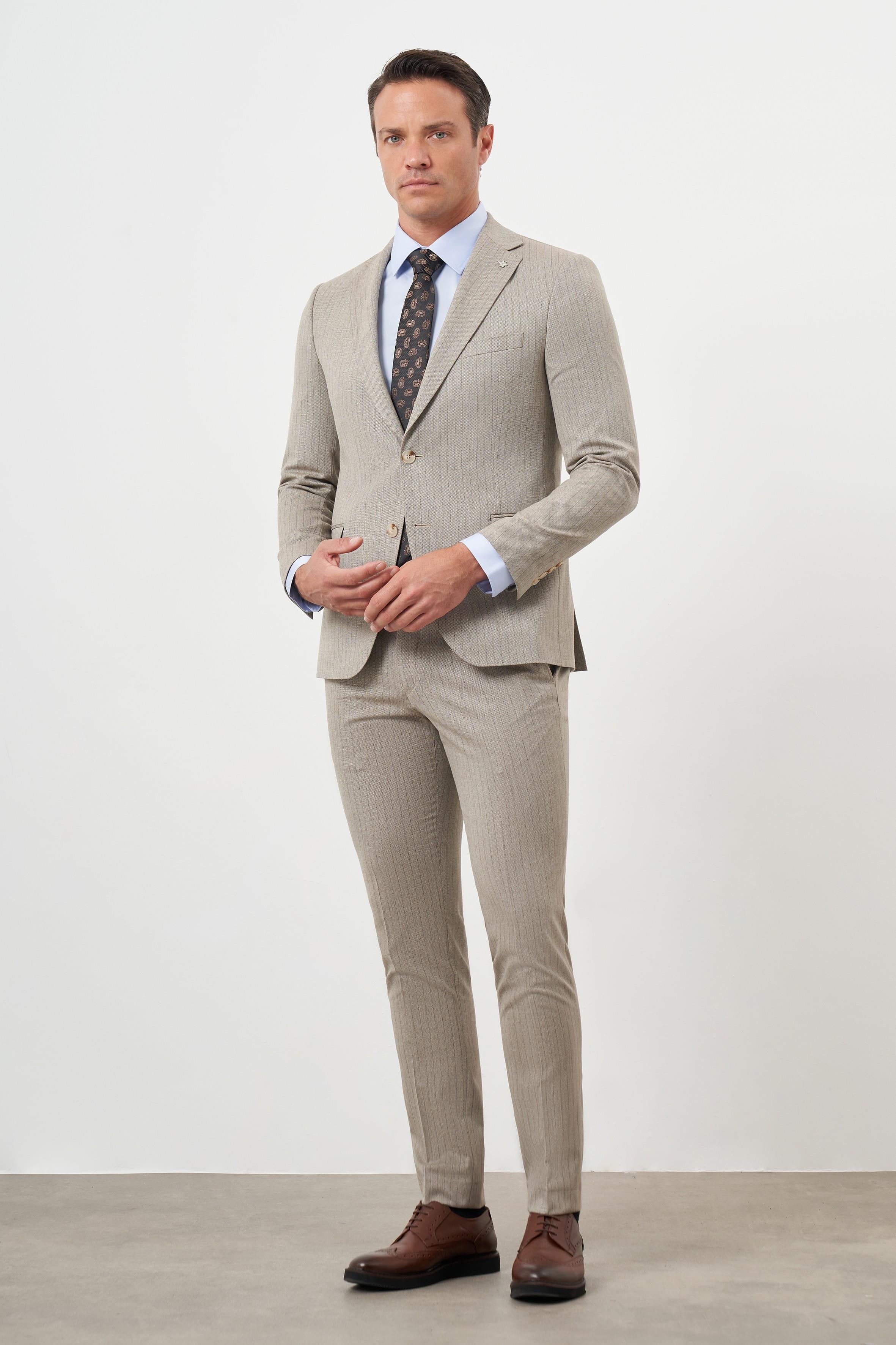 Morven Erkek KAHVE Poliviskon Trend Çizgili Desen Slim Fit Mono Yaka Takım Elbise