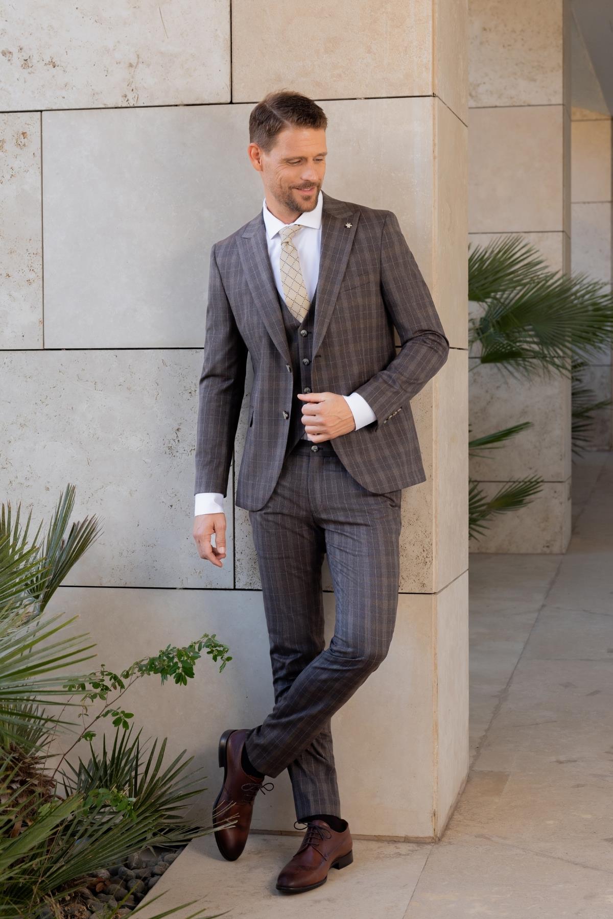 Morven Erkek KAHVE Poliviskon Trend Yelekli Ekoseli Slim Fit  Sivri Yaka Takım Elbise