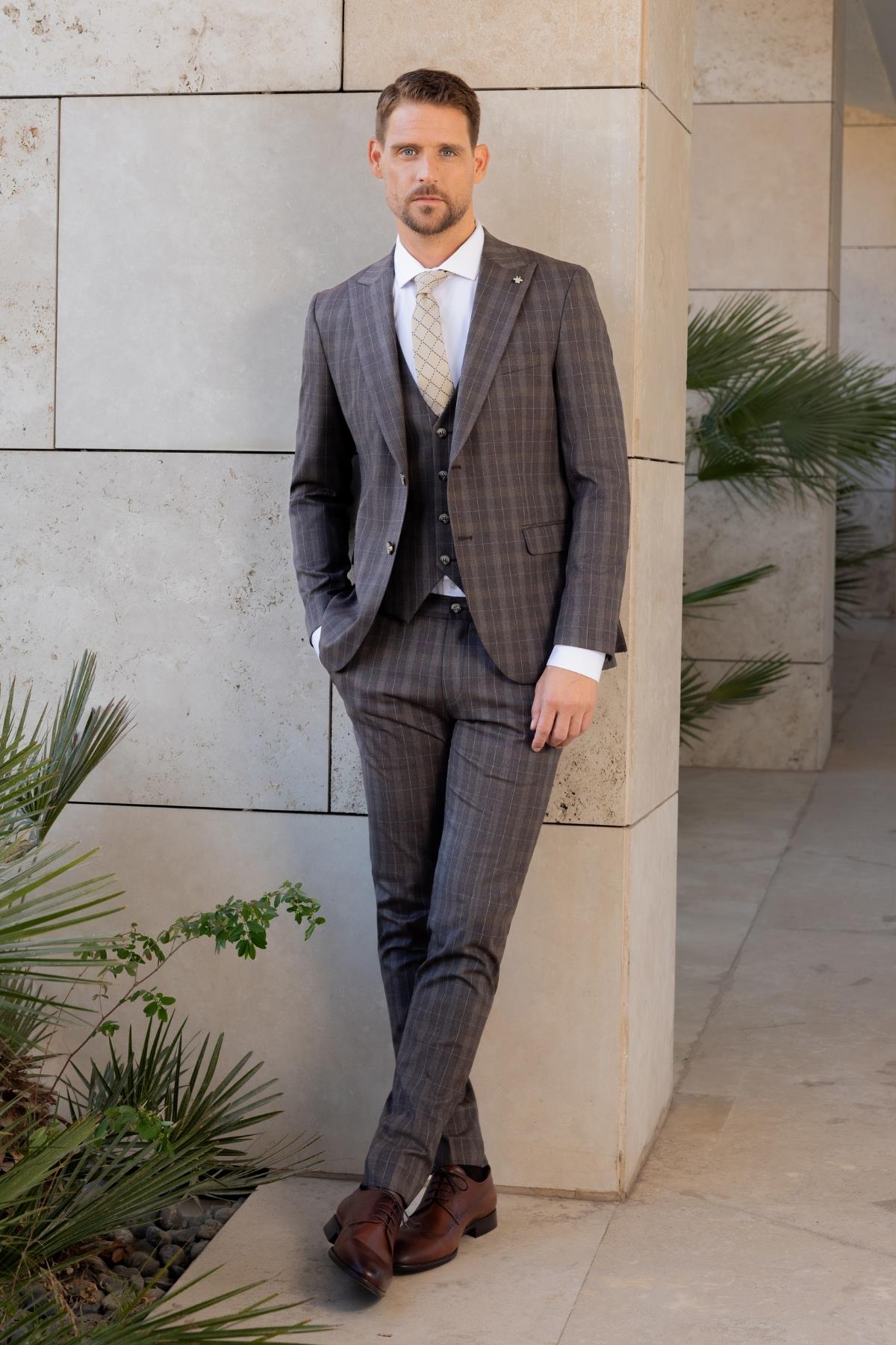 Morven Erkek KAHVE Poliviskon Trend Yelekli Ekoseli Slim Fit  Sivri Yaka Takım Elbise