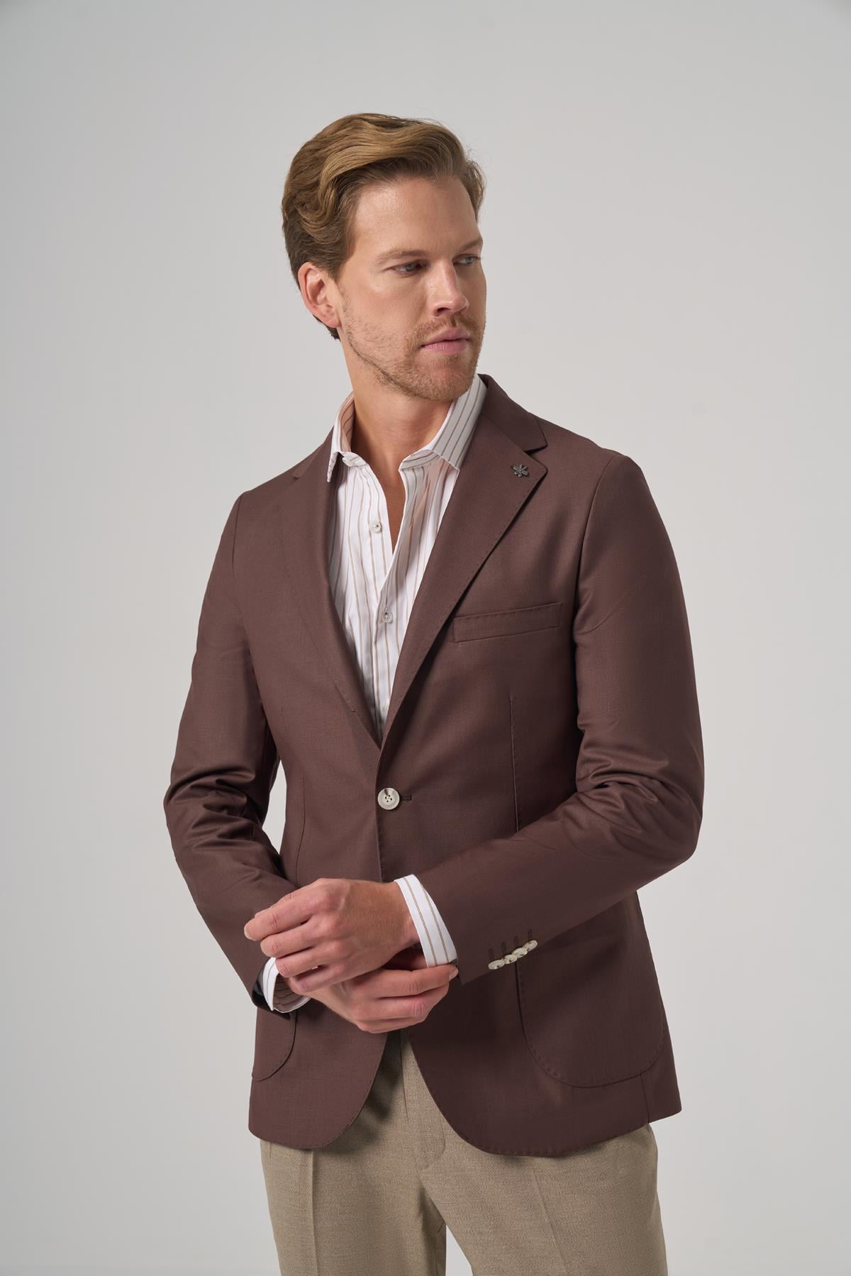 Morven Erkek KAHVE Slim Fit Mono Yaka Ceket