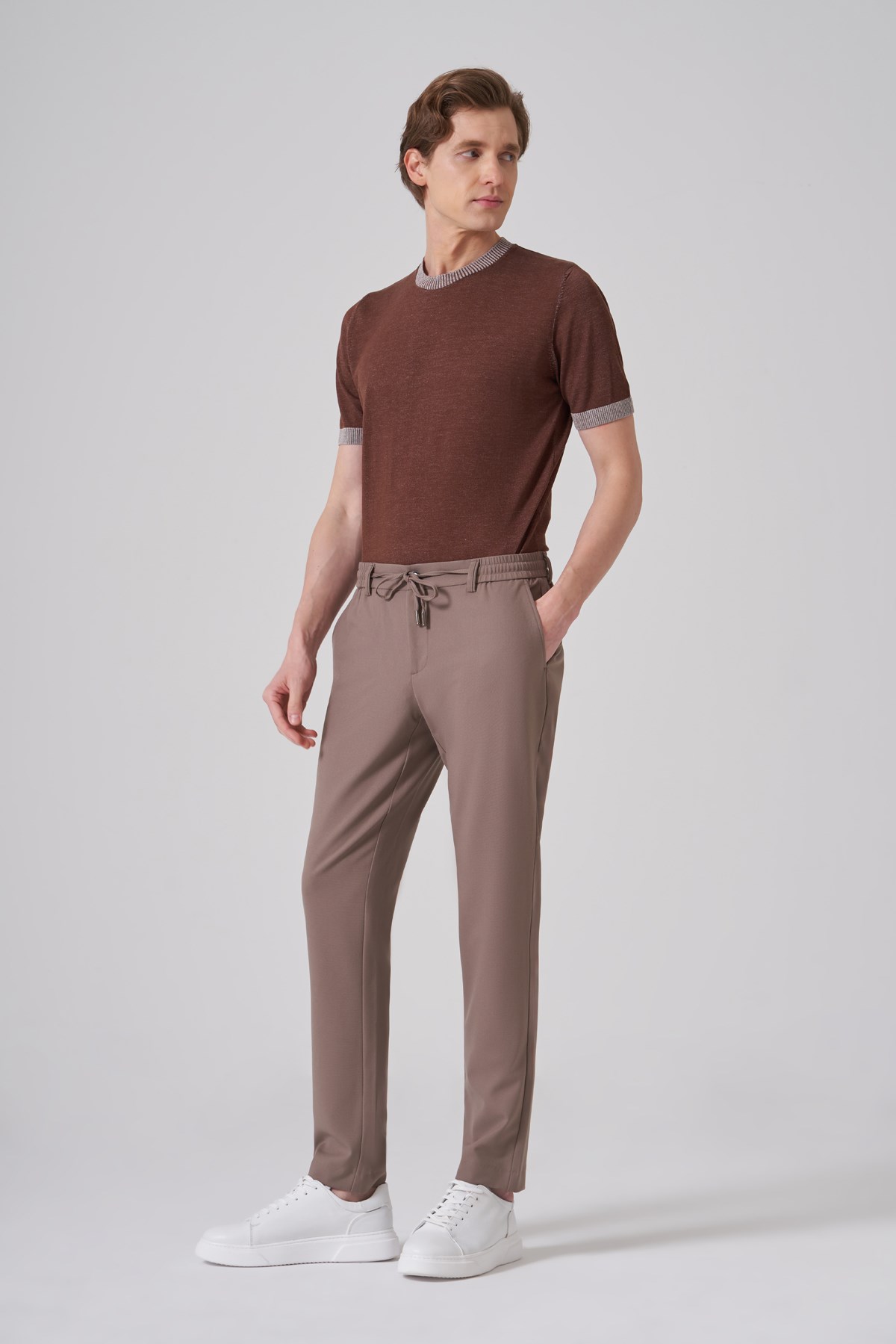 Morven Erkek KAHVE Trend Düz Slim Fit Lastikli İpli Pantolon