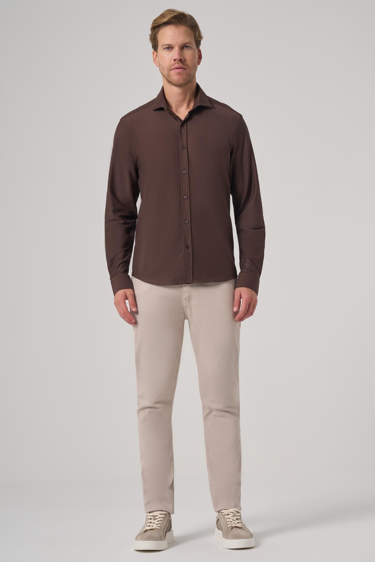 Morven Erkek KAHVE Trend Düz Slim Fit Tam İtalyan Yaka Gömlek