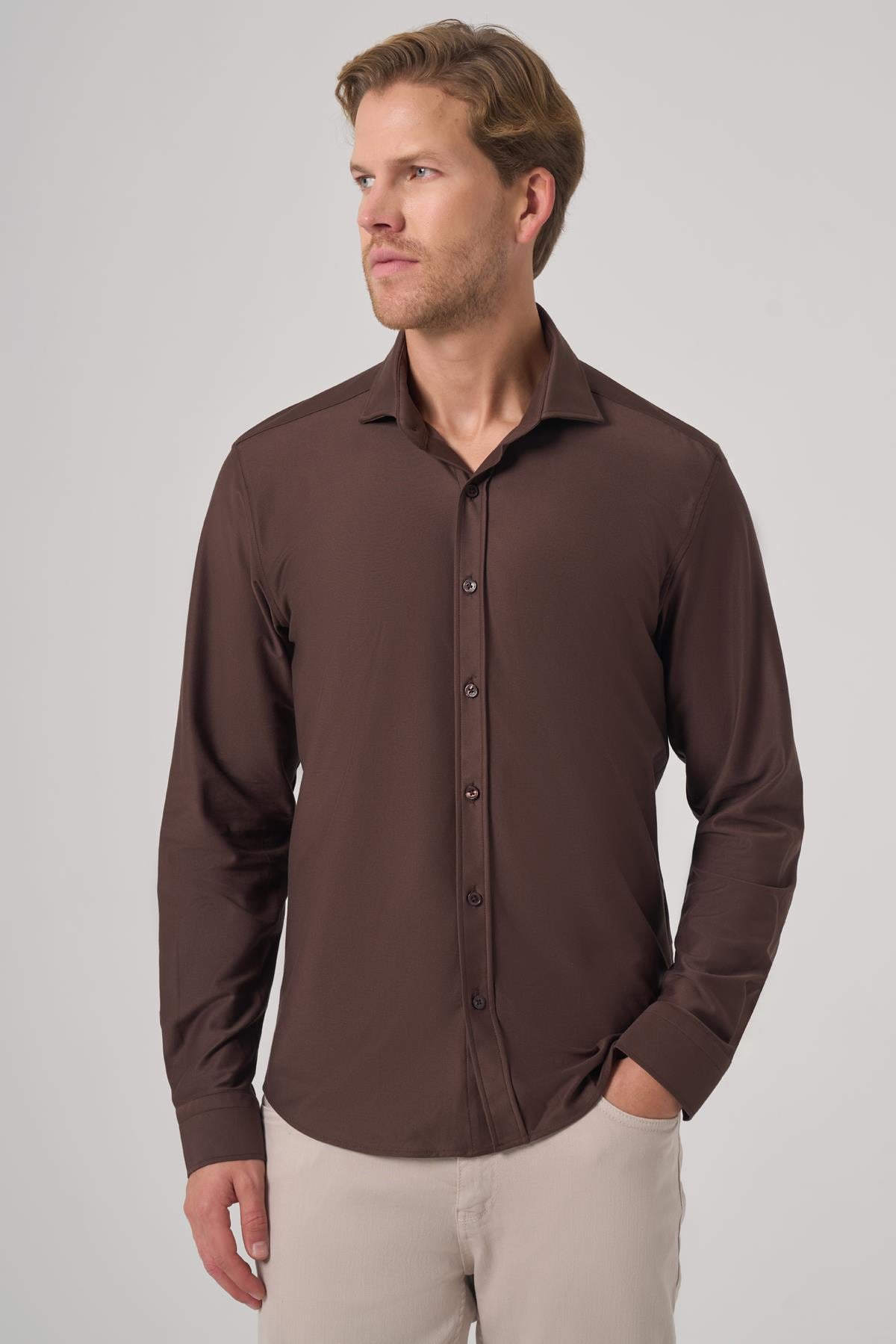 Morven Erkek KAHVE Trend Düz Slim Fit Tam İtalyan Yaka Gömlek
