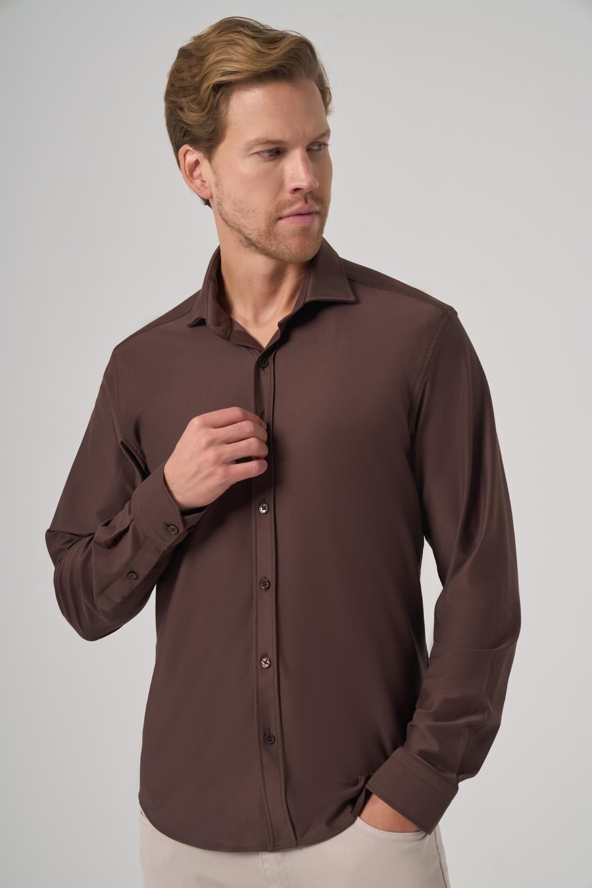 Morven Erkek KAHVE Trend Düz Slim Fit Tam İtalyan Yaka Gömlek