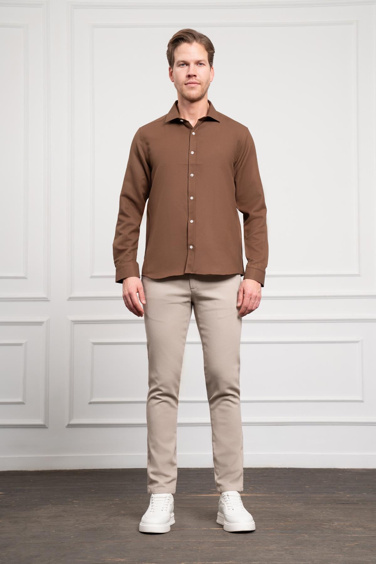 Morven Erkek KAHVE Trend İtalyan Yaka  Slim Fit Dar Kesim Gömlek