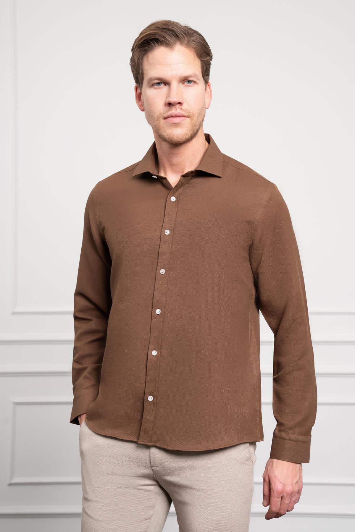 Morven Erkek KAHVE Trend İtalyan Yaka  Slim Fit Dar Kesim Gömlek