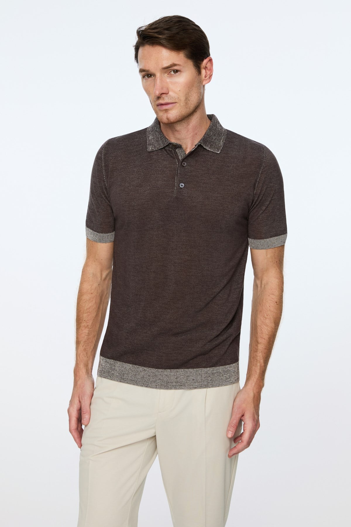 Morven Erkek KAHVE Trend Polo Yaka Tencel Triko T-Shirt