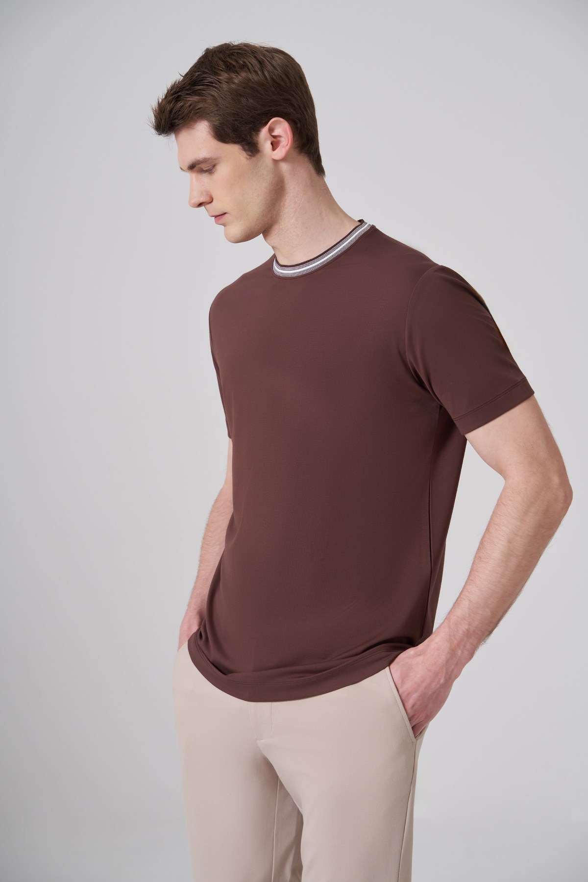 Morven Erkek KAHVE Trend Rayon Bisiklet Yaka Dinamik Fit Tshirt