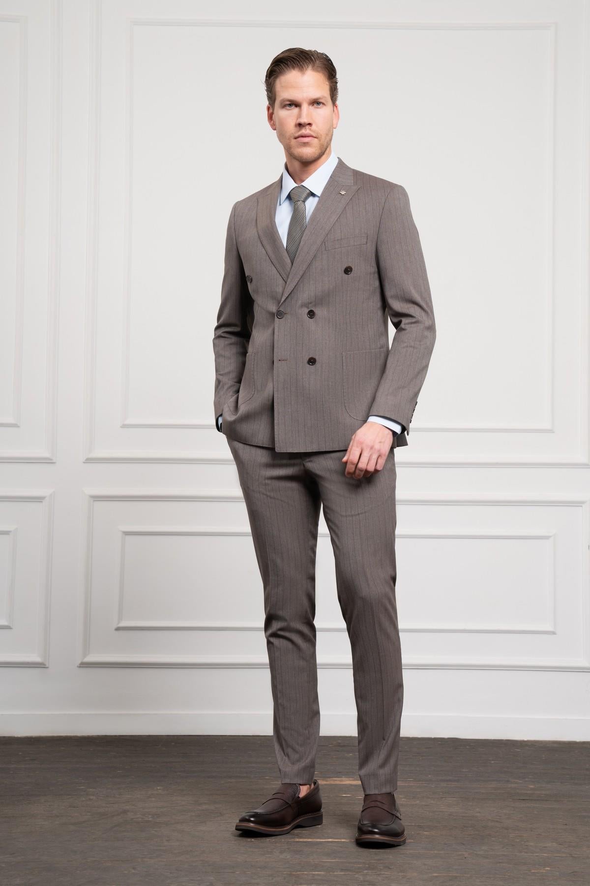 Morven Erkek KAHVE Trend Slim Fit Sivri Yaka Kruvaze Takım Elbise