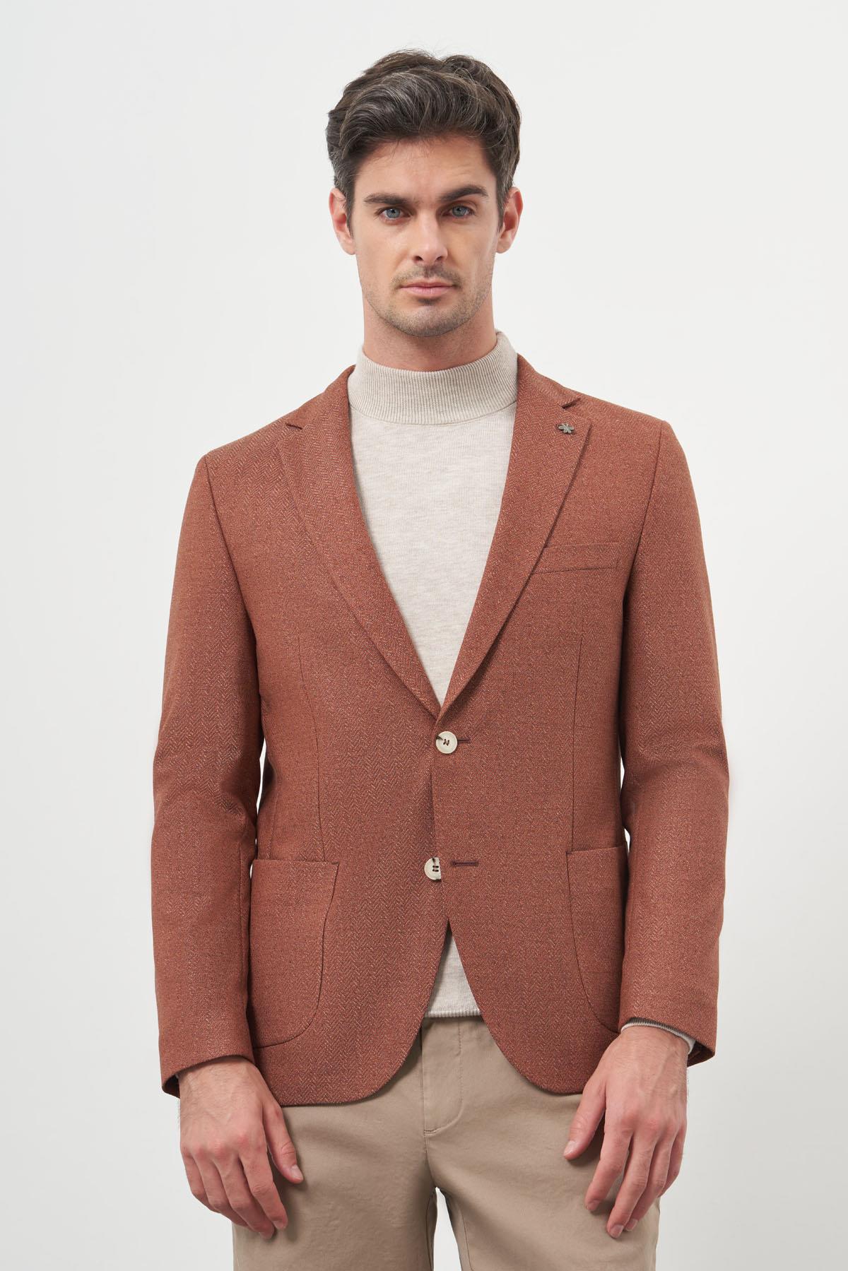 Morven Erkek Kiremit Dokuma Slim Fit Mono Yaka Ceket