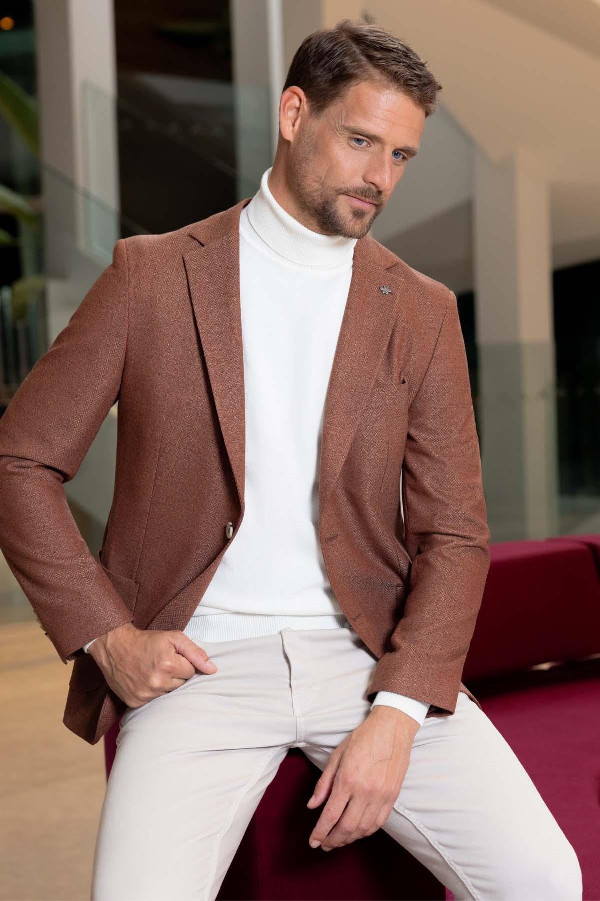 Morven Erkek Kiremit Dokuma Slim Fit Mono Yaka Ceket