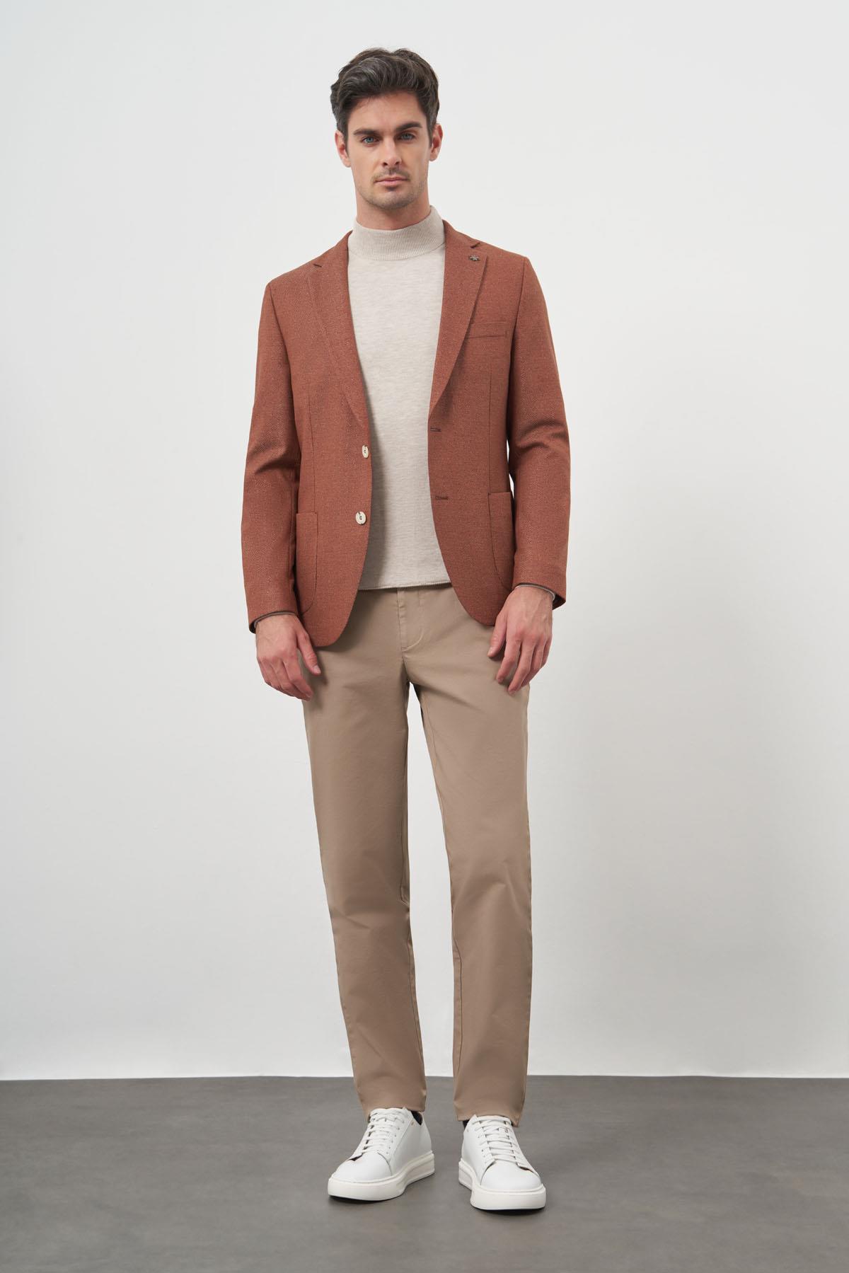 Morven Erkek Kiremit Dokuma Slim Fit Mono Yaka Ceket