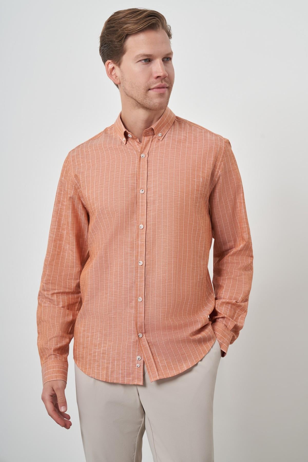 Morven Erkek Kiremit Keten Dynamic Fit Düğmeli Yaka Gömlek