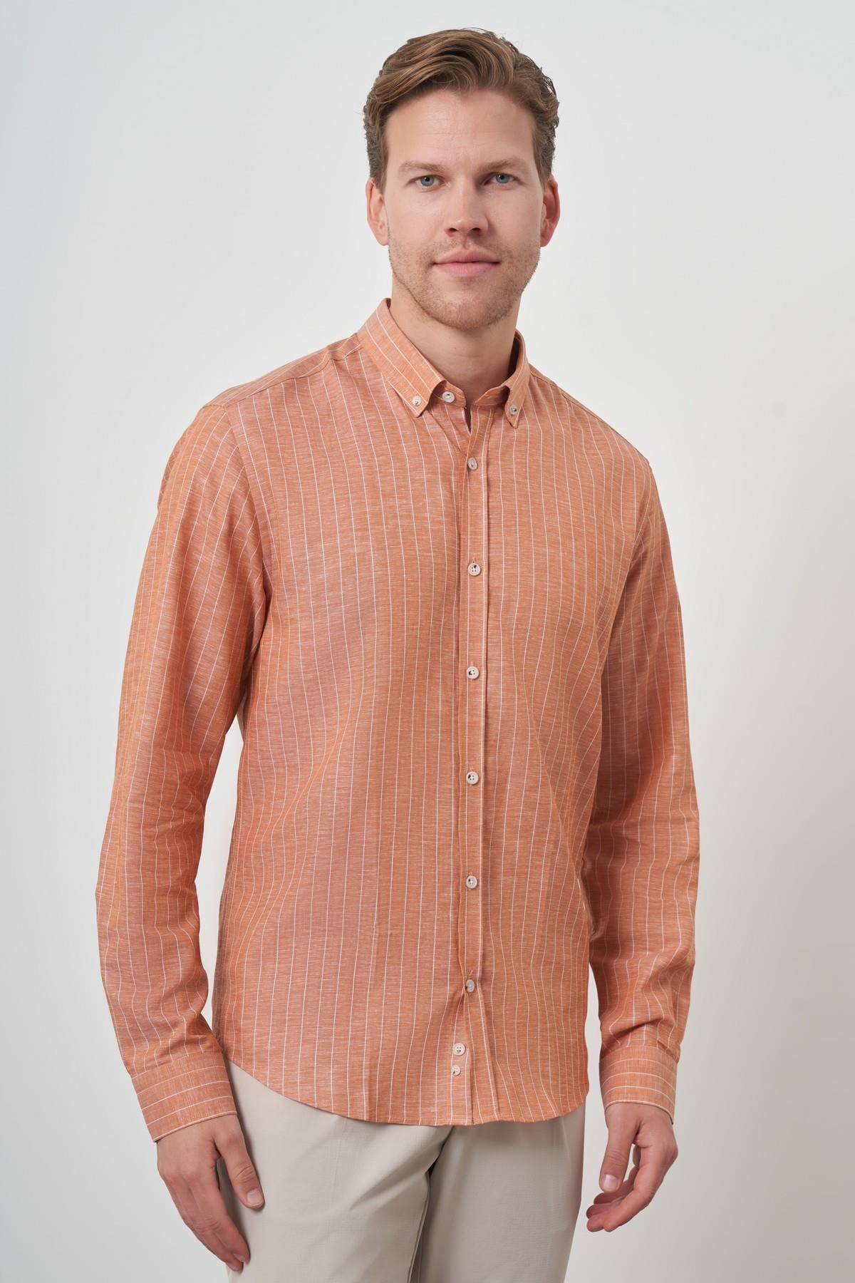 Morven Erkek Kiremit Keten Dynamic Fit Düğmeli Yaka Gömlek