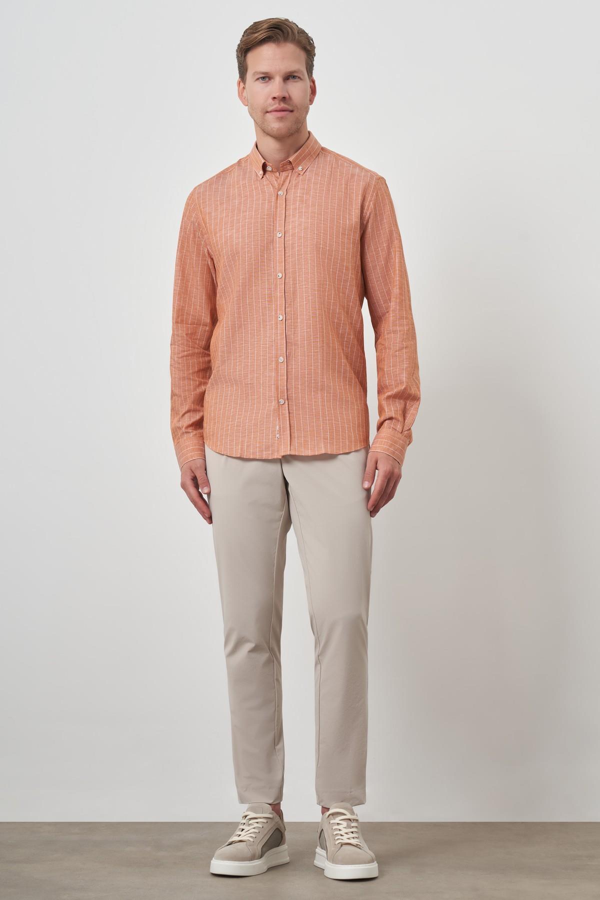 Morven Erkek Kiremit Keten Dynamic Fit Düğmeli Yaka Gömlek