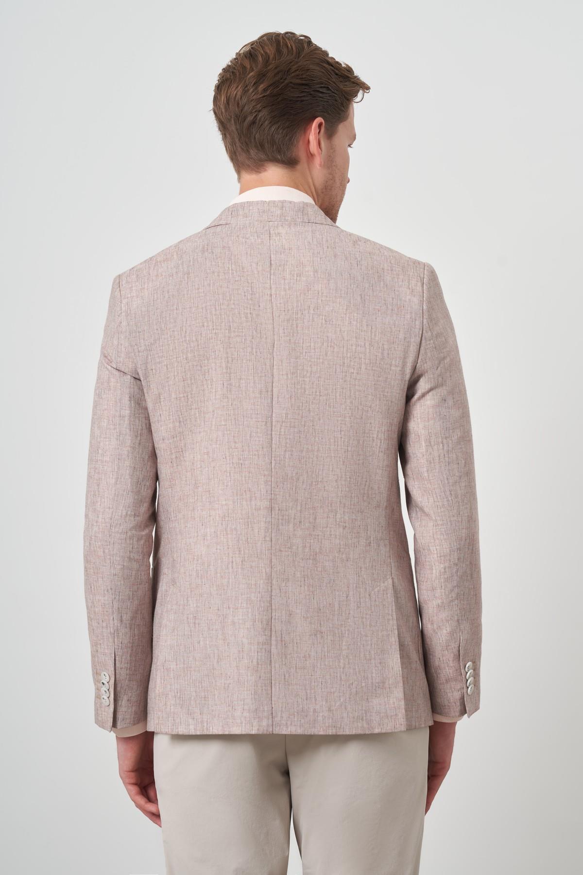 Morven Erkek Kiremit Keten Kruvaze Desenli Slim Fit Sivri Yaka Ceket