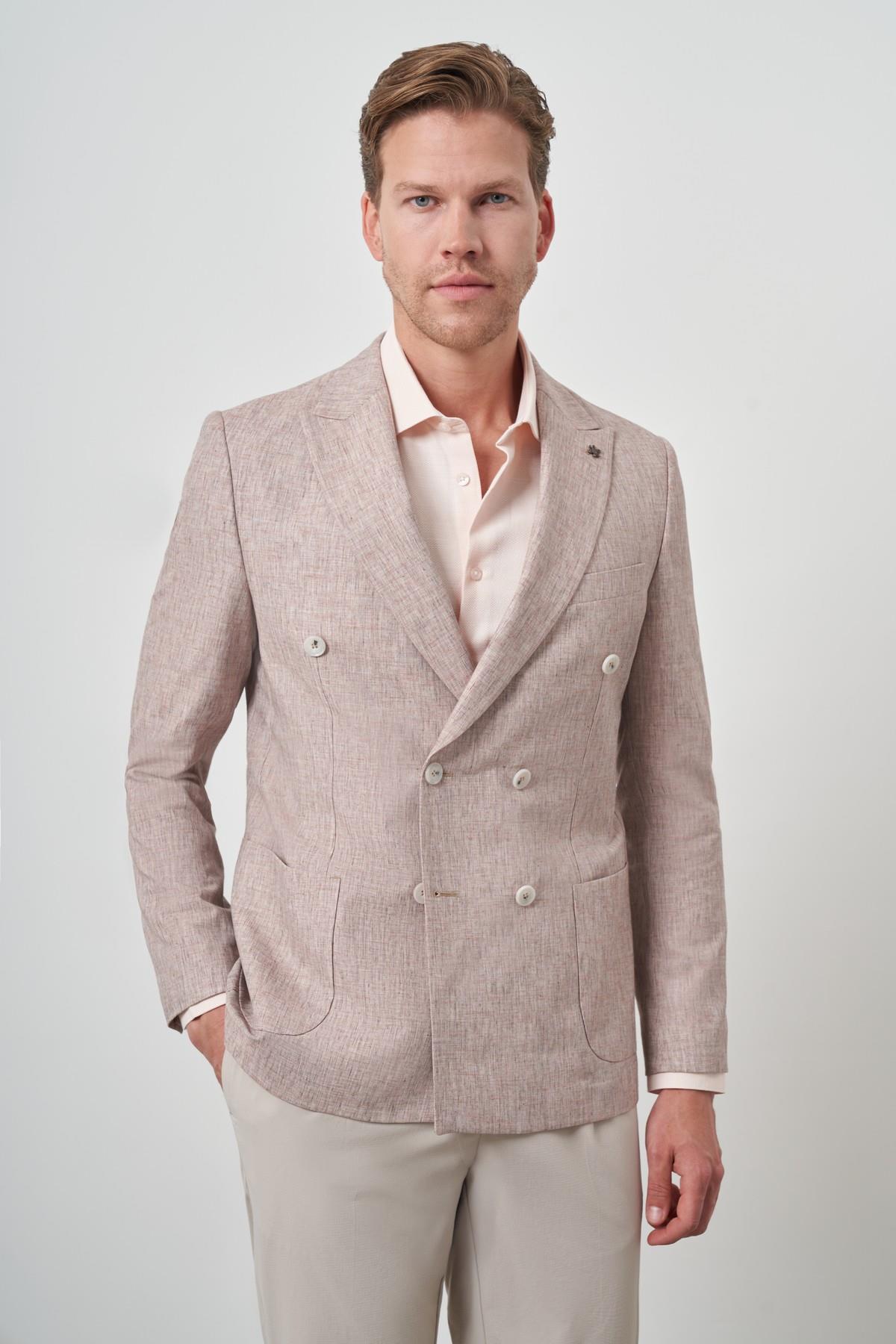 Morven Erkek Kiremit Keten Kruvaze Desenli Slim Fit Sivri Yaka Ceket