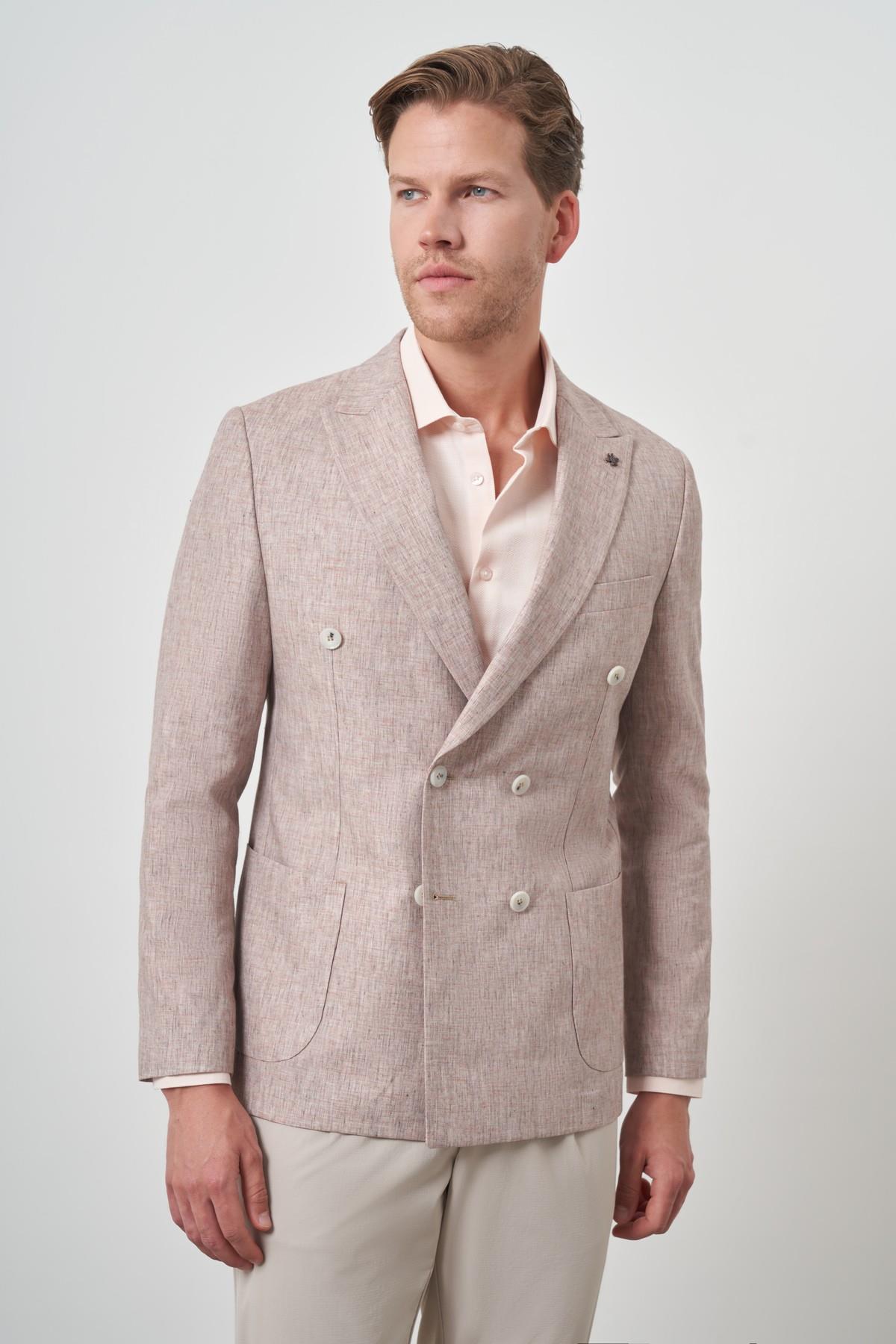 Morven Erkek Kiremit Keten Kruvaze Desenli Slim Fit Sivri Yaka Ceket