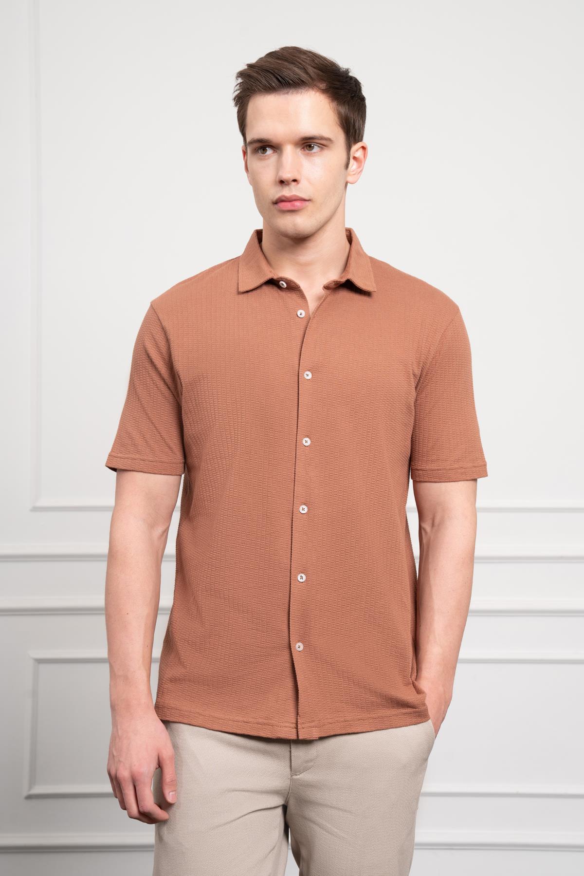 Morven Erkek Kiremit Trend Apaçi Yaka Dynamic Fit Kısa Kollu Gömlek