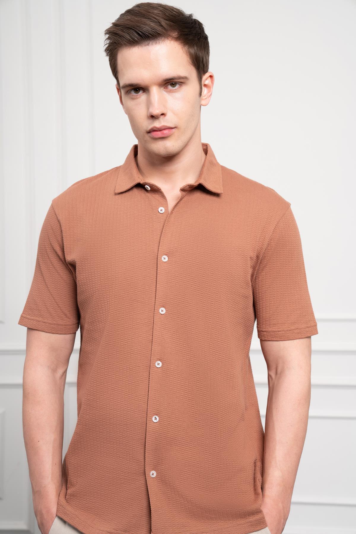 Morven Erkek Kiremit Trend Apaçi Yaka Dynamic Fit Kısa Kollu Gömlek