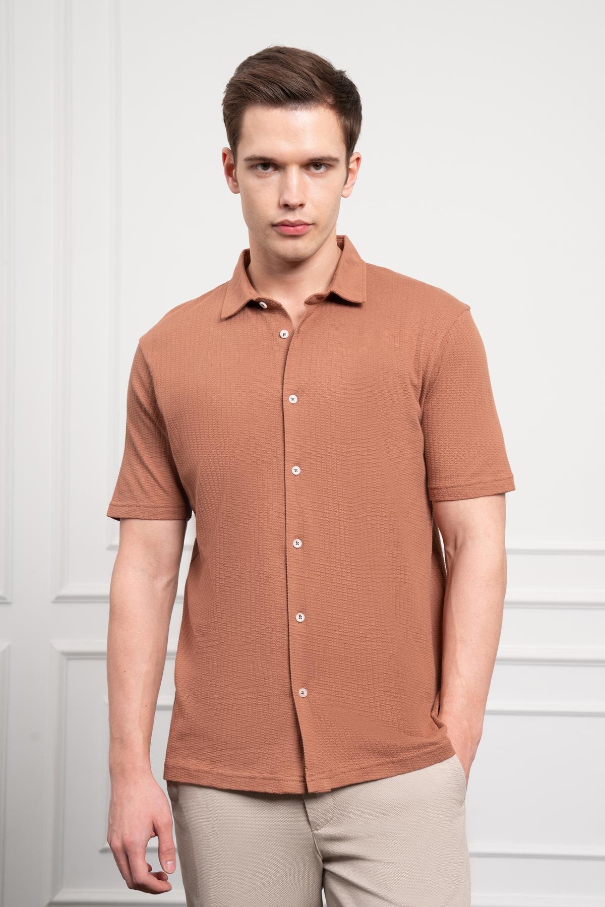 Morven Erkek Kiremit Trend Apaçi Yaka Dynamic Fit Kısa Kollu Gömlek