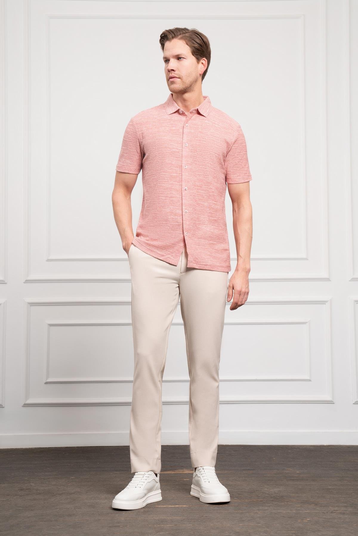 Morven Erkek Kiremit Trend Apaçi Yaka Dynamic Fit Kısa Kollu Gömlek