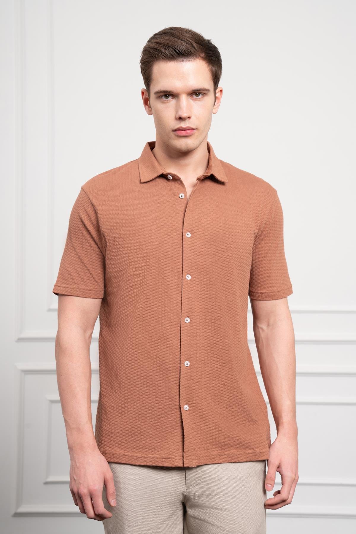Morven Erkek Kiremit Trend Apaçi Yaka Dynamic Fit Kısa Kollu Gömlek